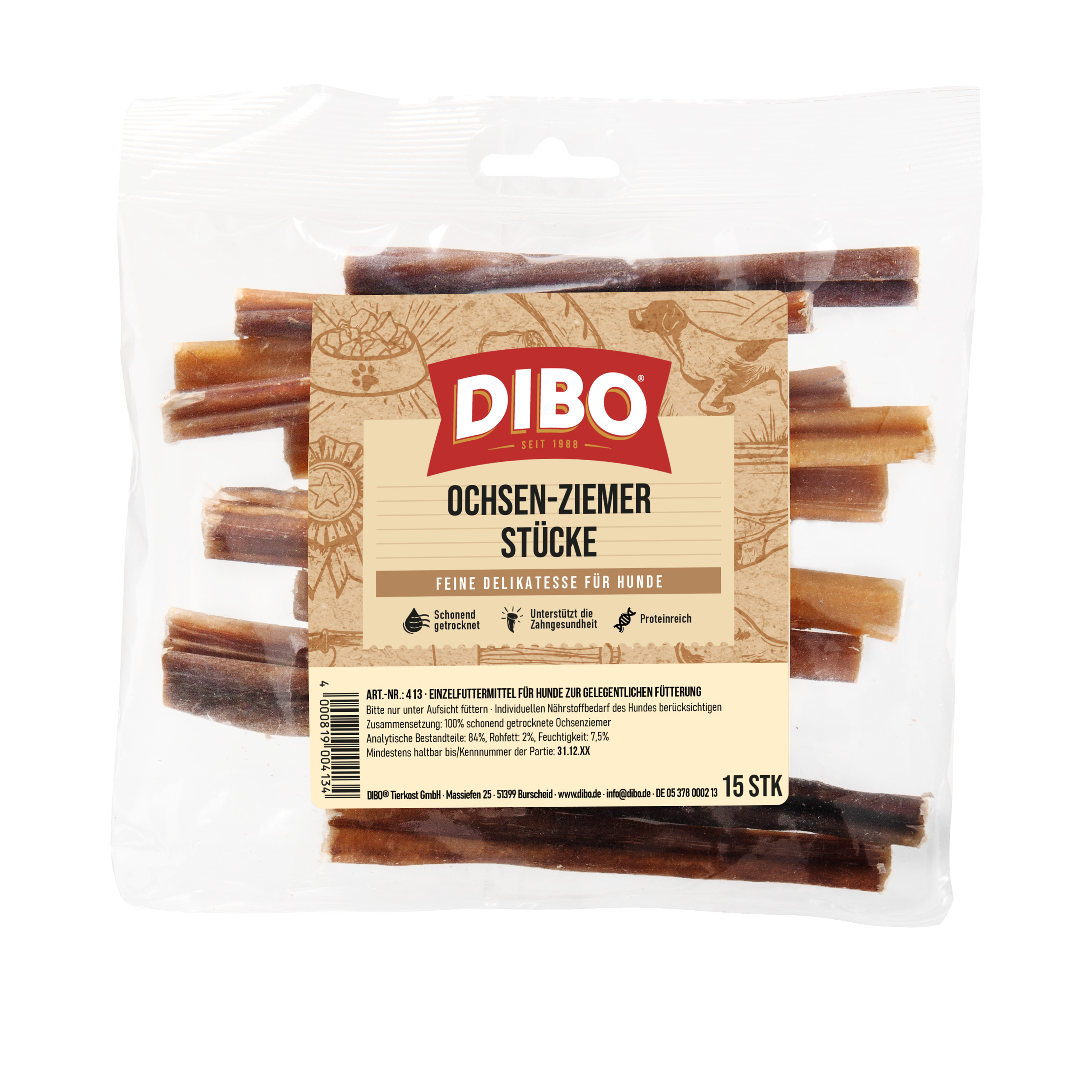 DIBO Ochsenziemer 12cm Stücke - 15 Stück-Beutel