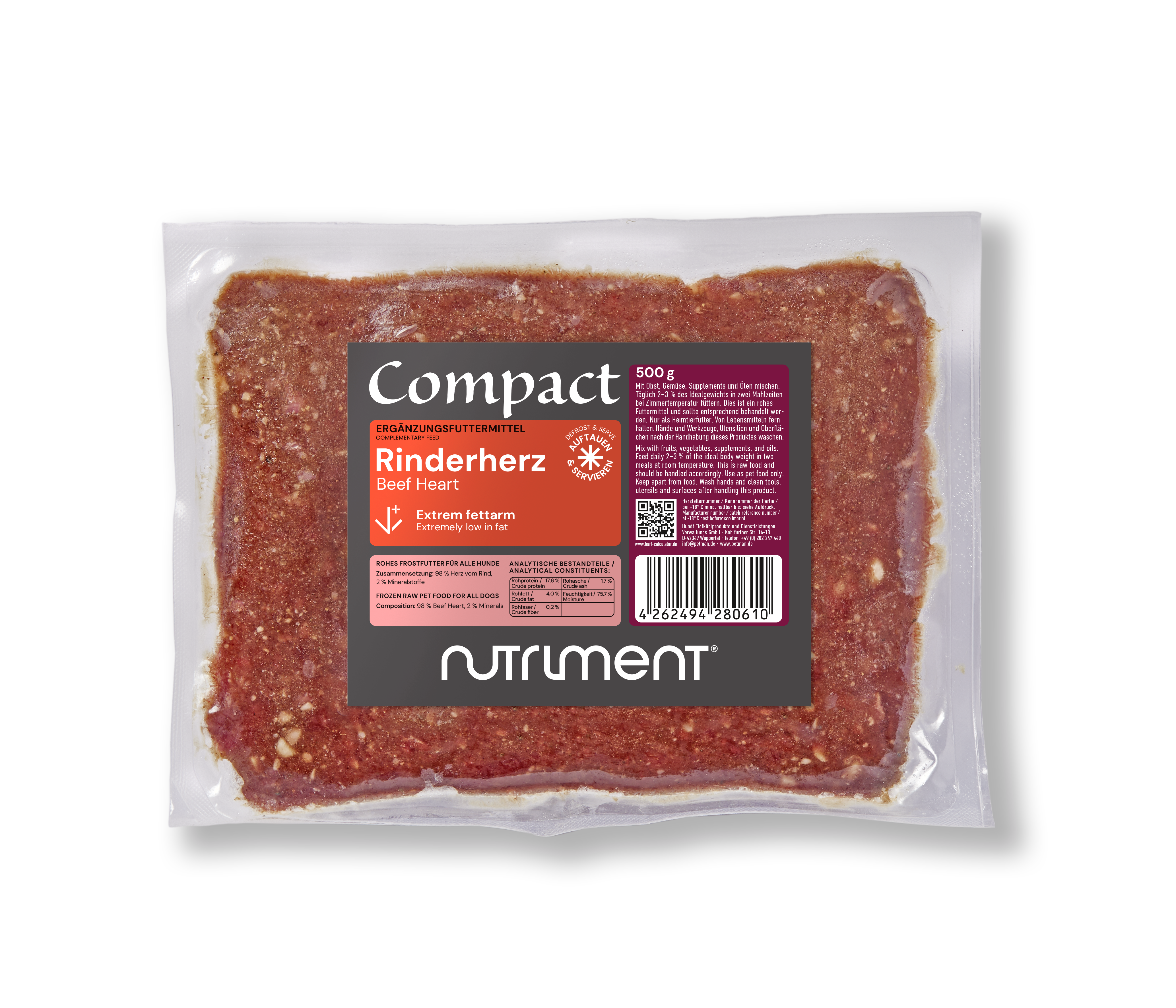 Nutriment Compact RINDERHERZ Vakuumverpacktes PETMAN Compact Ergänzungsfuttermittel Rinderherz für Hunde, 500g, extrem fettarm