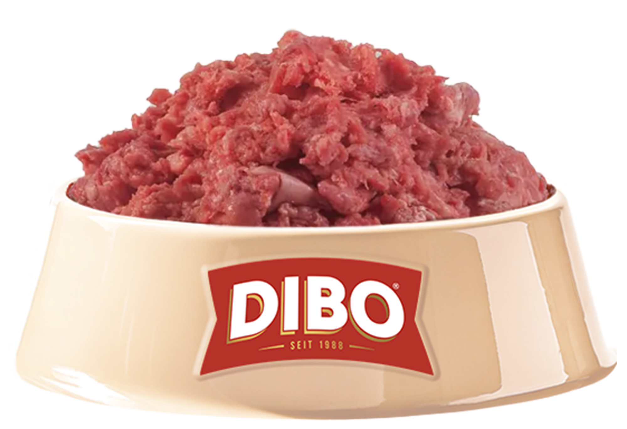 DIBO Light - B.A.R.F.-Tiefkühlwurst Beiger Futternapf mit rotem DIBO-Logo, gefüllt mit rohem, zerkleinertem rotem Fleisch