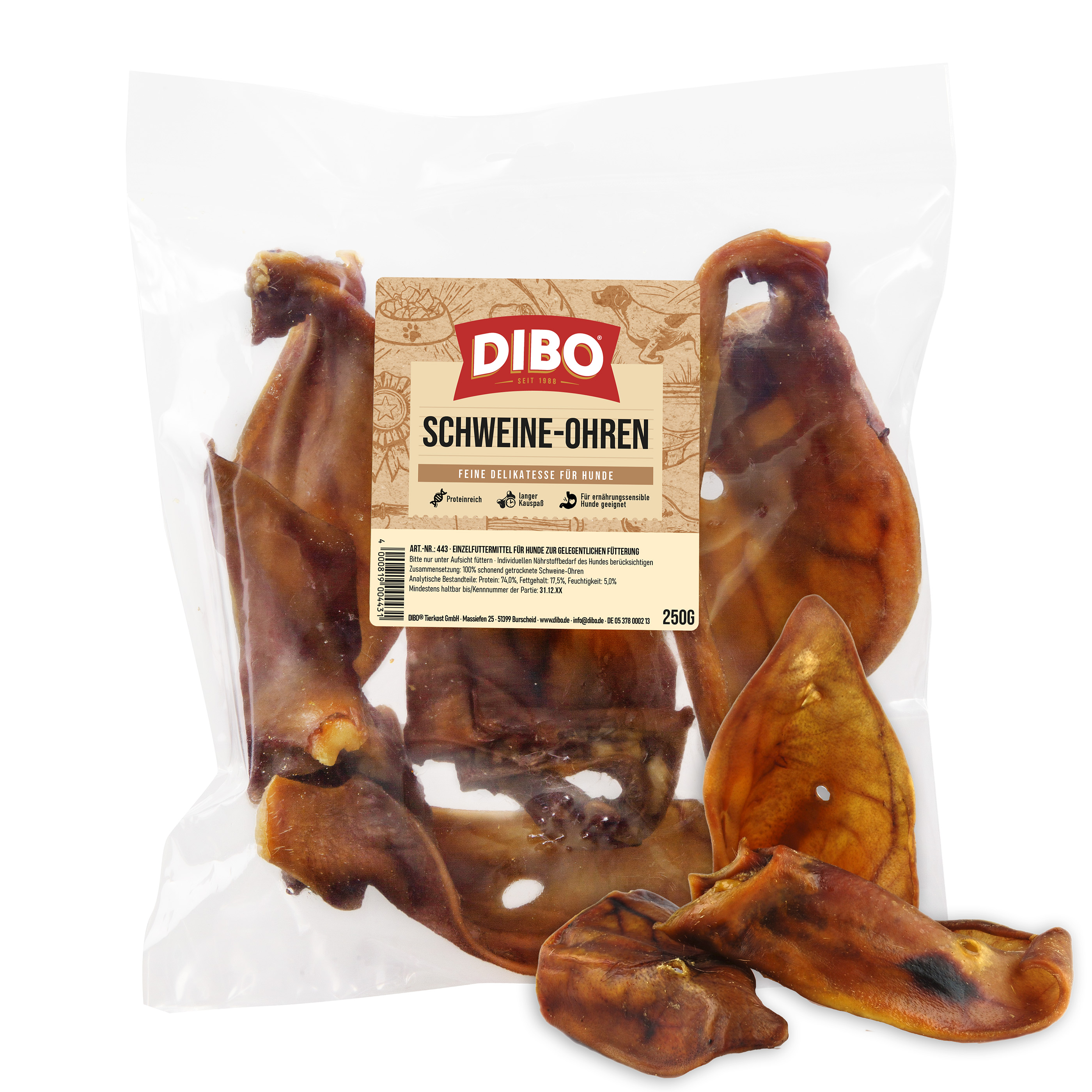 DIBO Schweine-Ohren, 250g-Beutel Verpackung von Dibo Schweine-Ohren, getrocknete Schweineohren als Hundesnack, 250g Beutel