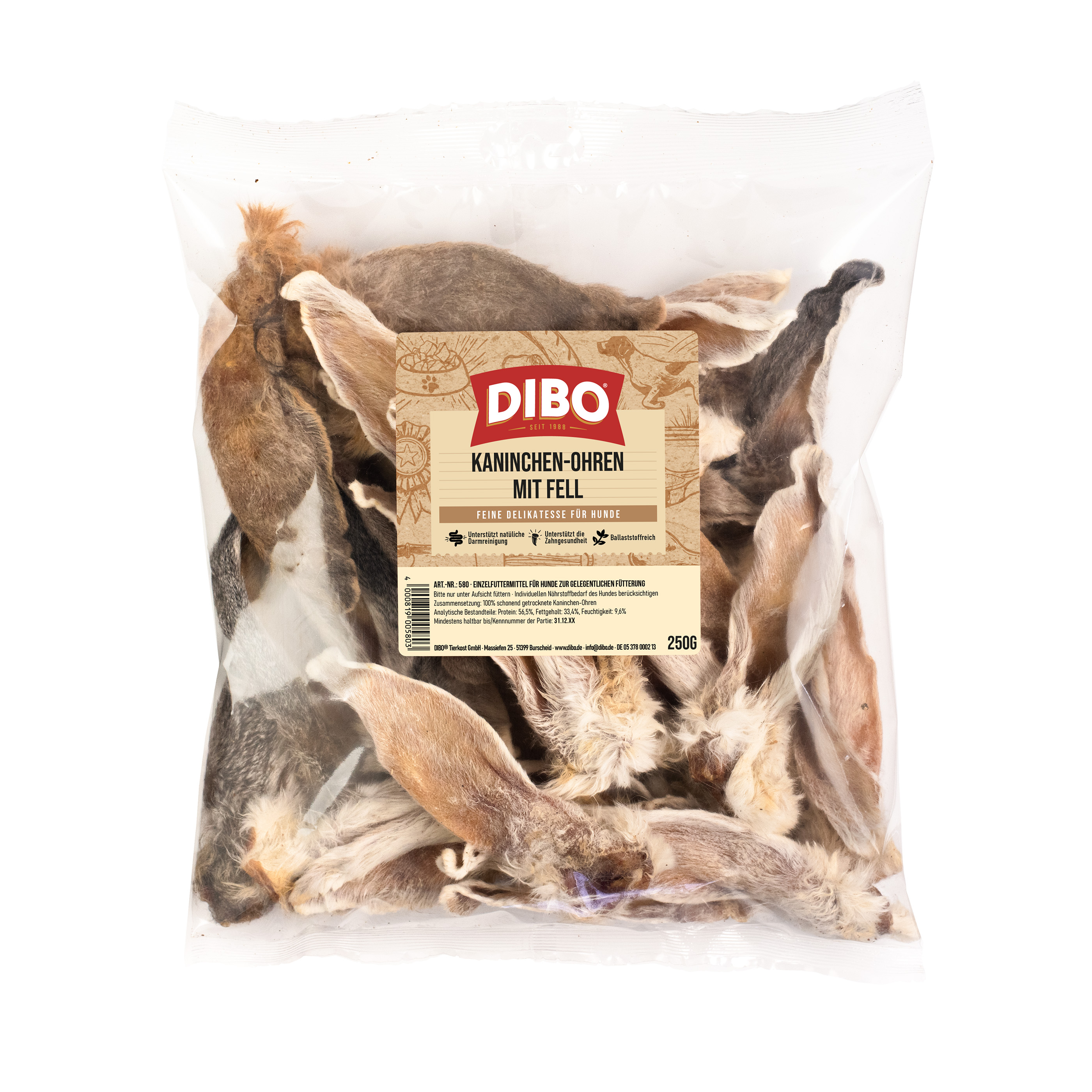 DIBO Kaninchen-Ohren mit Fell, 250g