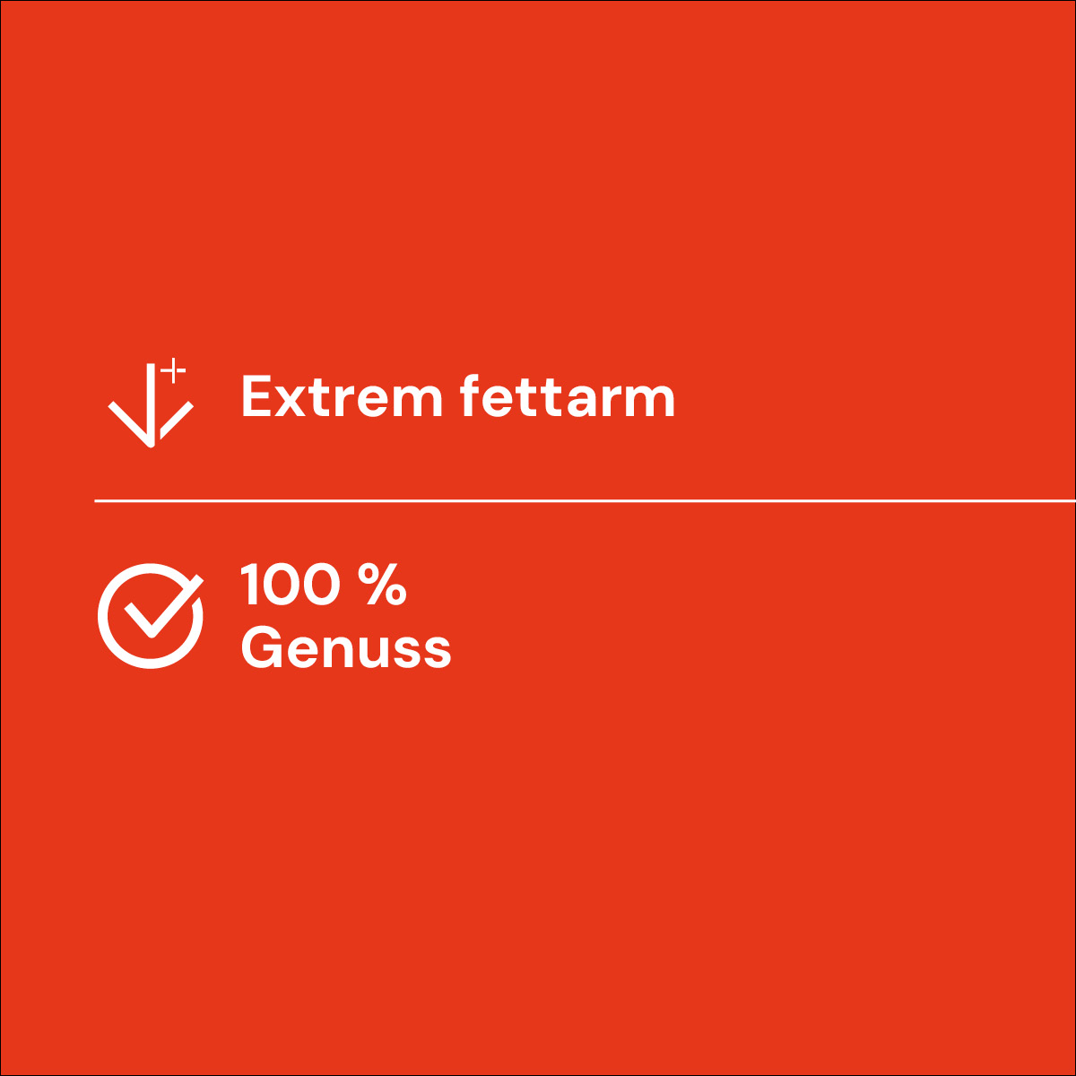 Nutriment Compact RINDERHERZ Rotes Quadrat mit weißem Text: Extrem fettarm und 100 % Genuss mit passenden Symbolen.