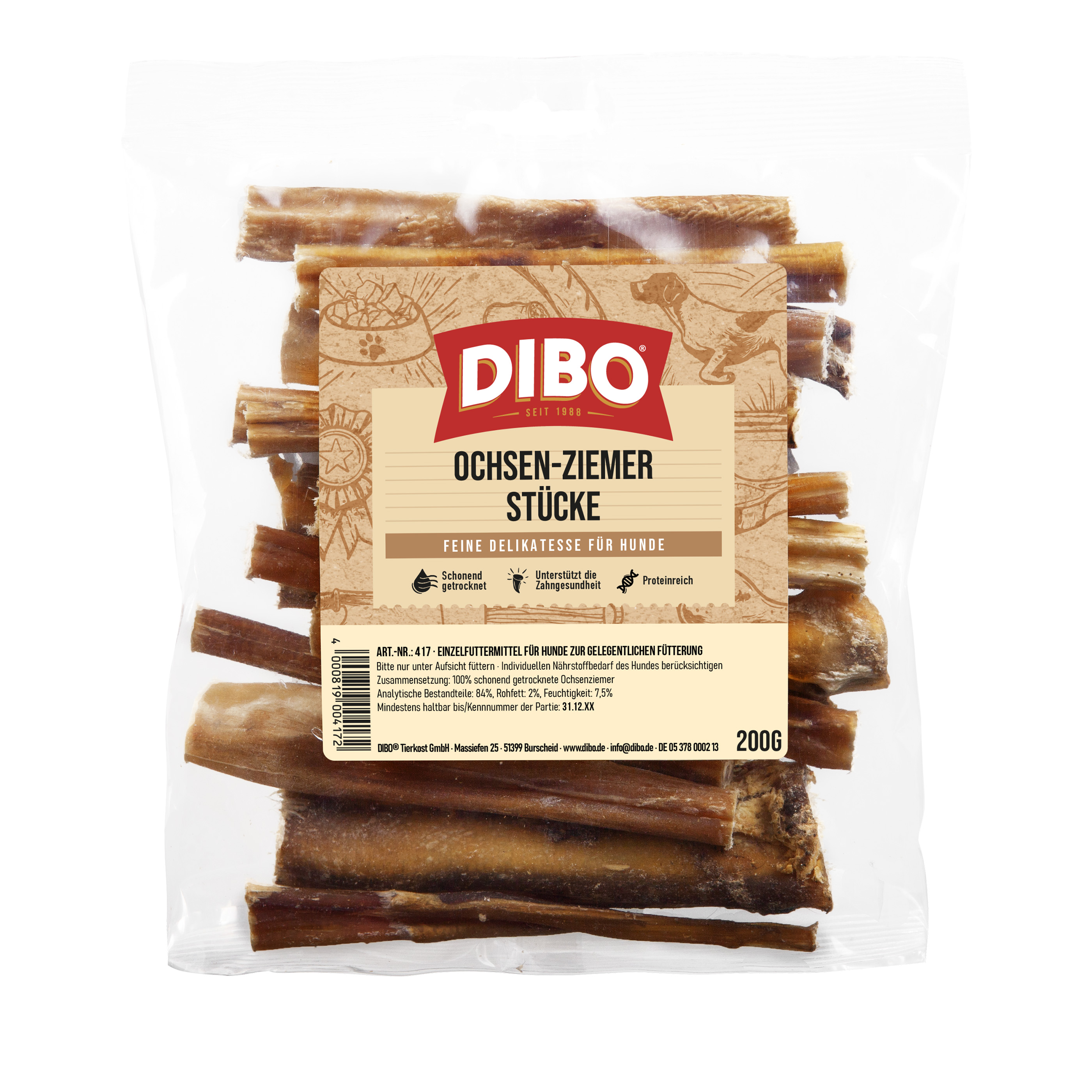 DIBO Ochsen-Ziemer, 12cm Stücke - 200g-Beutel