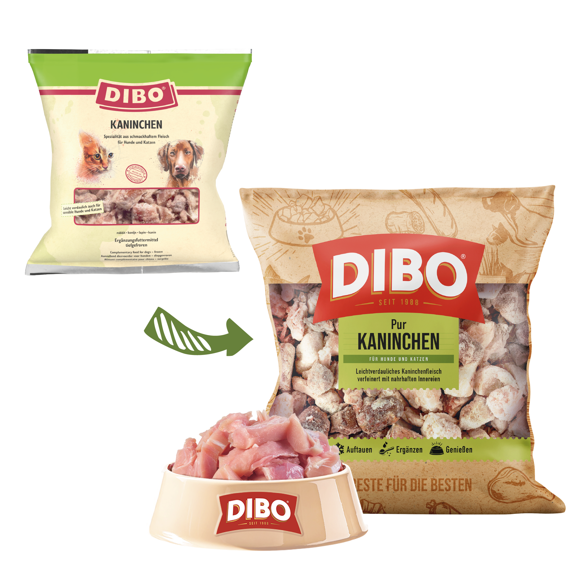 DIBO Kaninchen - B.A.R.F.-Frostfutter für Hunde und Katzen Dibo Kaninchen BARF-Tiefkühlfutter für Hunde und Katzen in Verpackungen und in einem Napf mit rohem Kaninchenfleisch