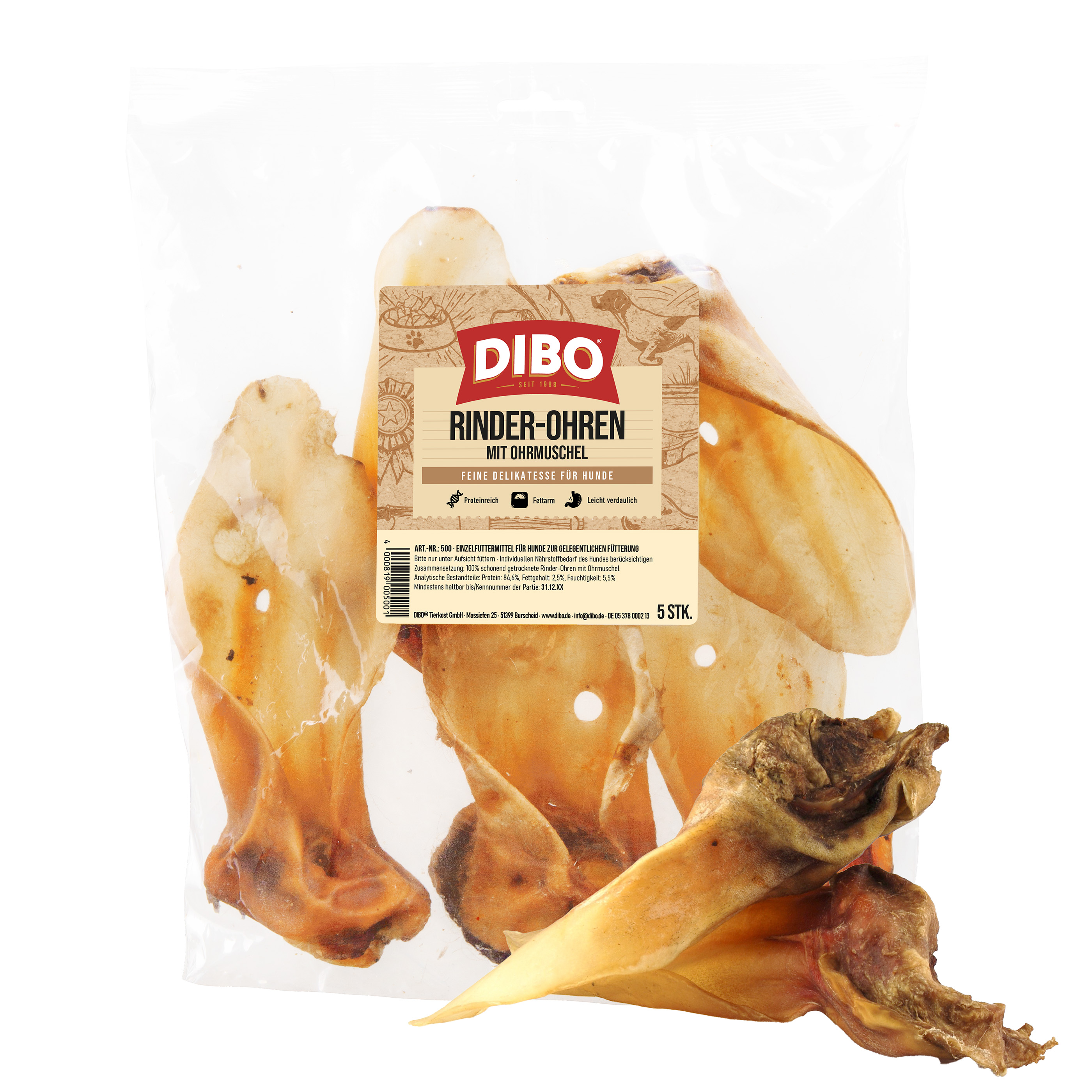 DIBO Rinder-Ohren mit Muschel, 5er-Beutel
