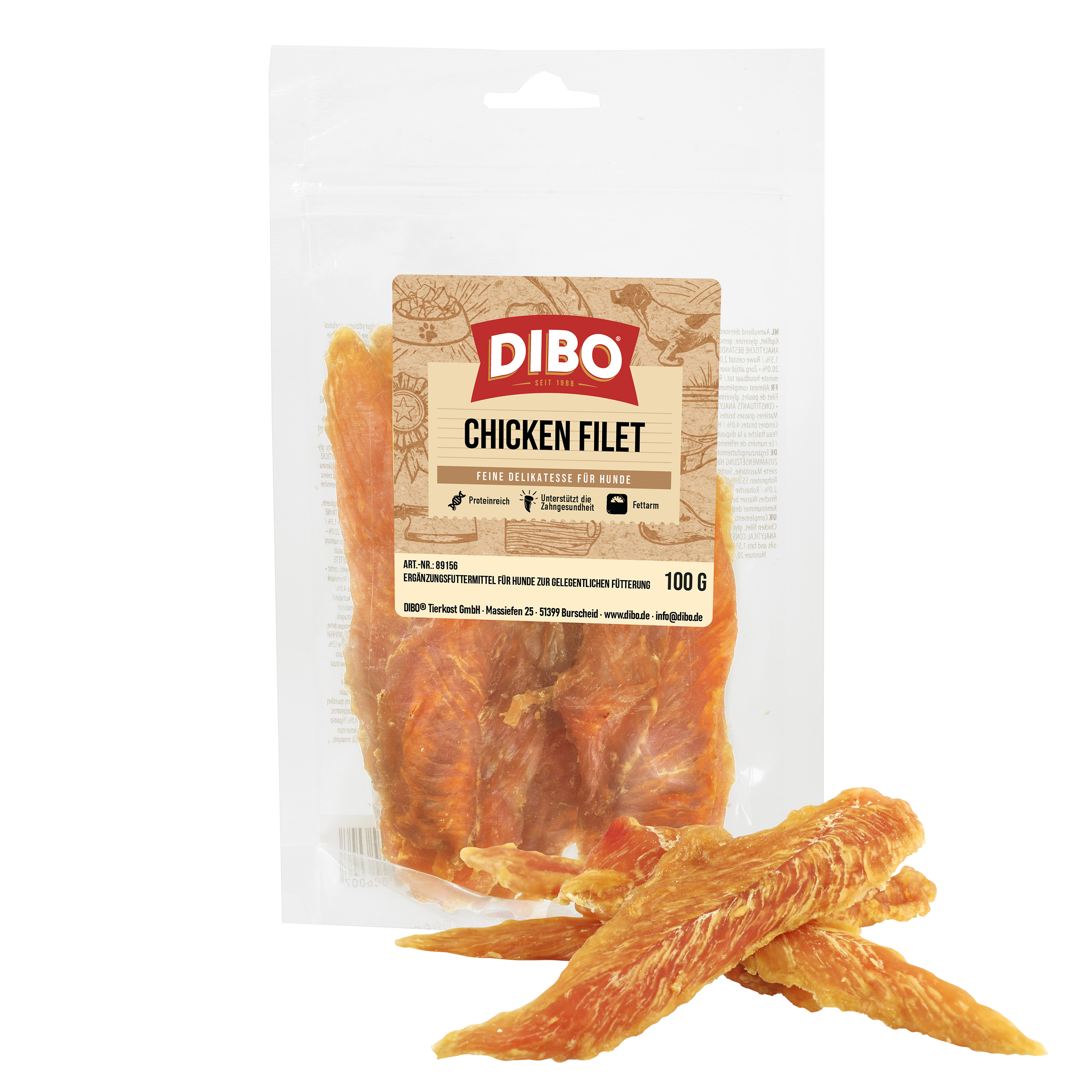 DIBO Chicken Filet, 100g-Beutel DIBO Chicken Filet Hundesnack in transparenter Verpackung mit getrockneten Hähnchenfilets davor