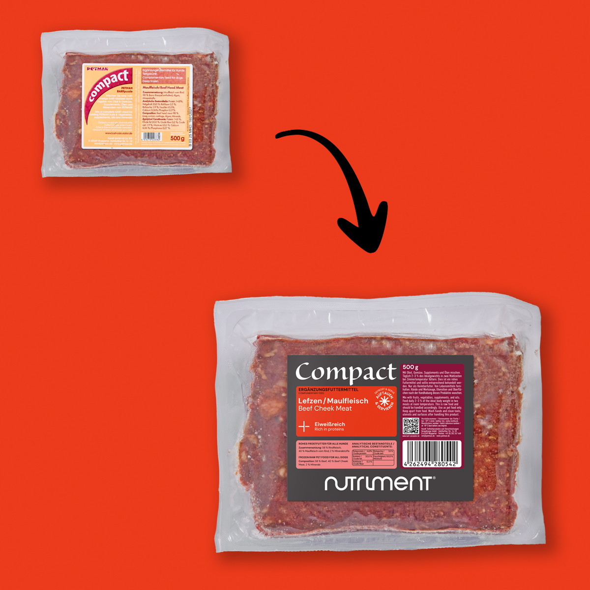 Nutriment Compact LEFZEN / MAULFLEISCH Vorher-nachher Vergleich von verpacktem Maulfleisch für Hunde mit neuem und altem Etikett auf rotem Hintergrund