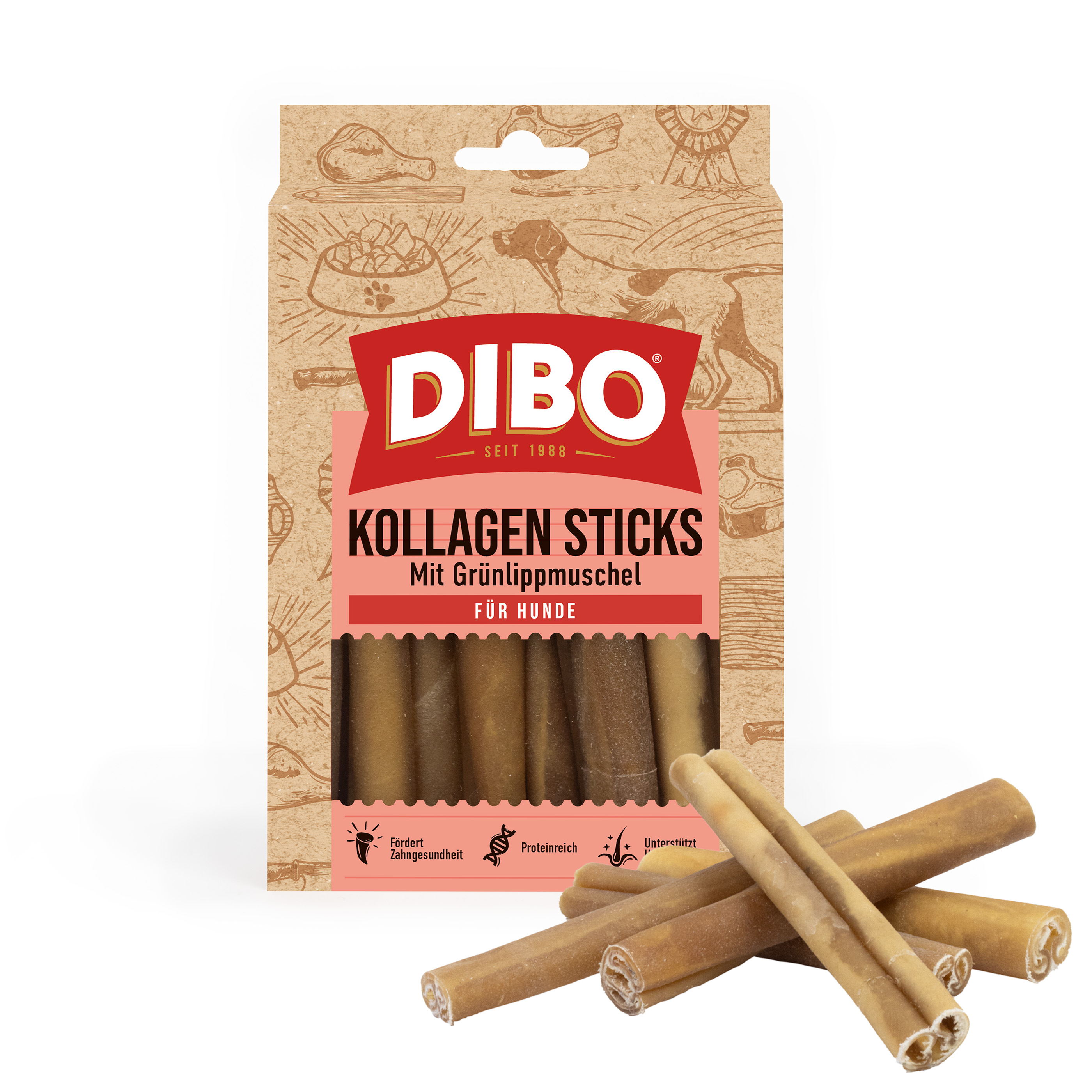 DIBO Kollagen Sticks, 150g DIBO Kollagen Sticks mit Grünlippmuschel für Hunde, Verpackung und mehrere braune Hundekauknochen