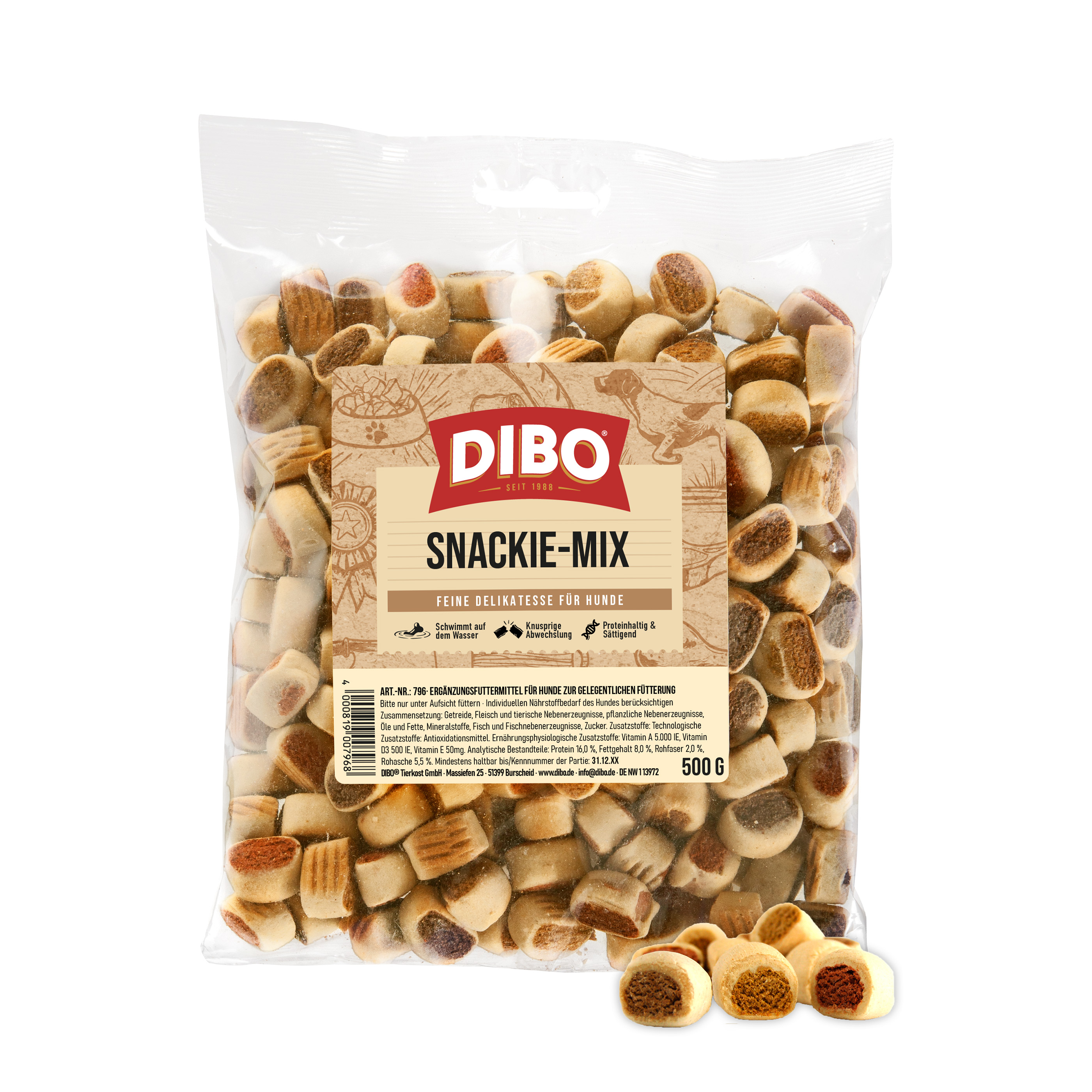 DIBO Snackie-Mix, 500g-Beutel DIBO Snackie-Mix Hundesnacks in einer transparenten Verpackung mit verschiedenen kleinen Leckerlis