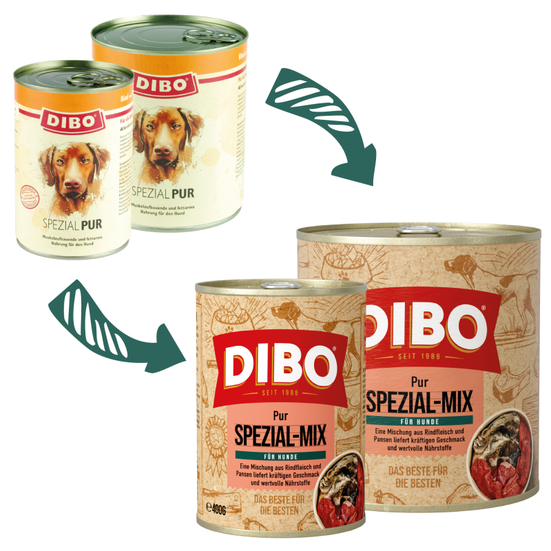 DIBO - SPEZIAL PUR (Rind/Pansen), 400g-Dose Dibo Dosen Spezial PUR und Spezial Mix