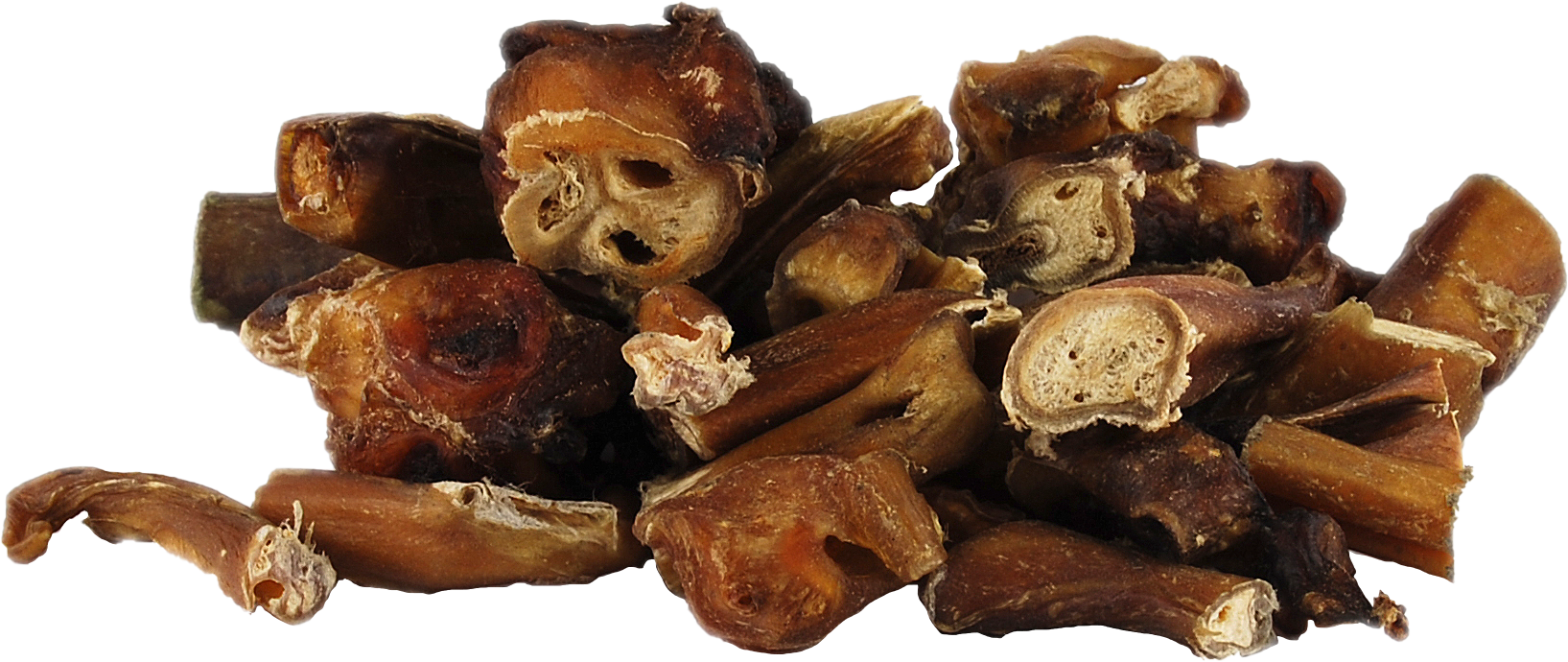 DIBO Ochsen-Ziemer-Enden, 500g-Beutel Lose Enden von getrocknetem Ochsenziemer, braune, harte Kauartikel für Hunde auf weißem Hintergrund