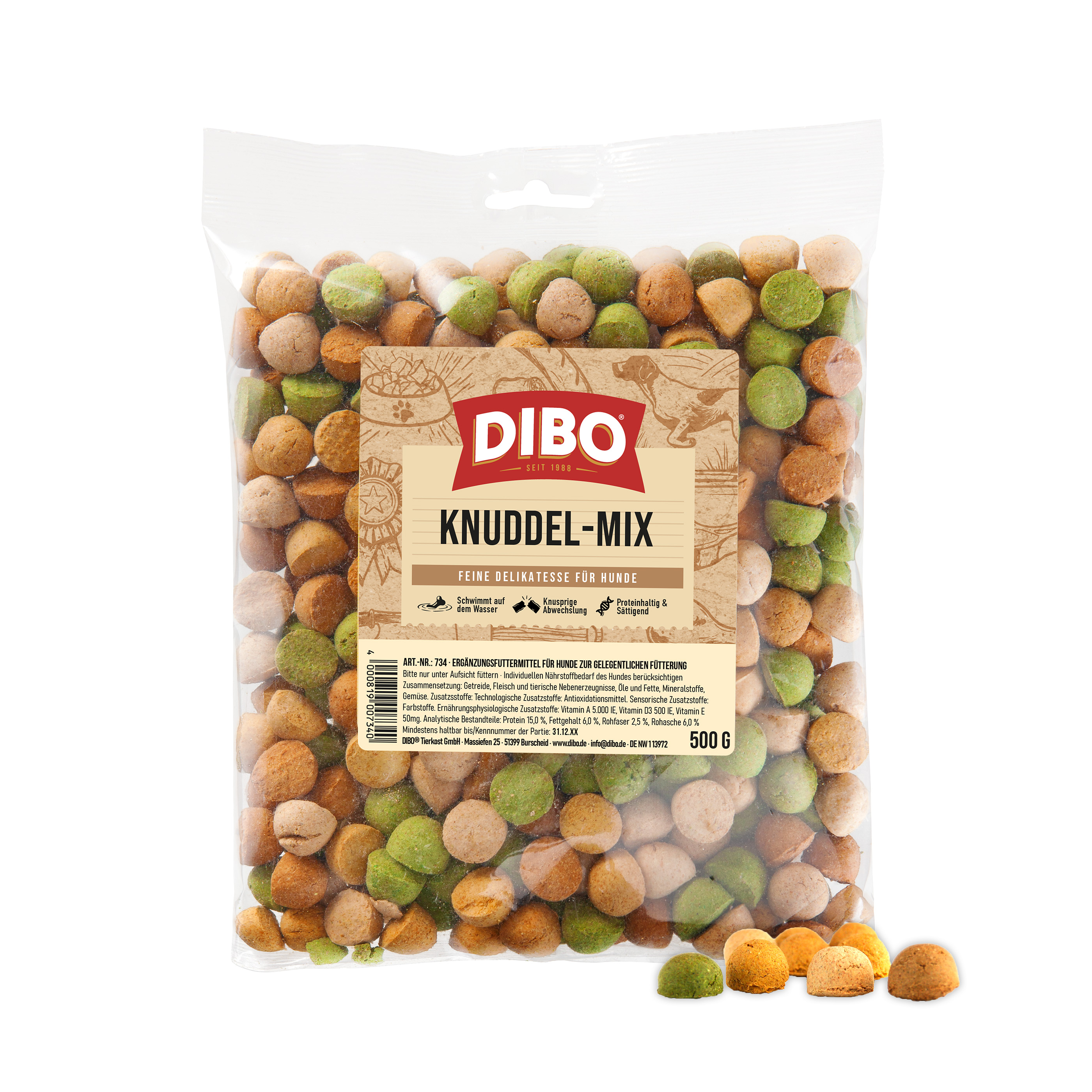 DIBO Knuddel-Mix, 500g-Beutel Packung Dibo Knuddel-Mix Hundesnacks in verschiedenen Farben, 500 g, mit Produktinformationen