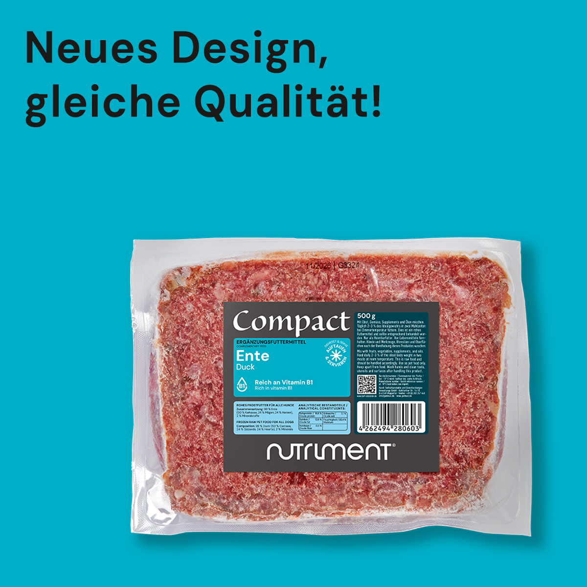 Nutriment Compact ENTE Verpackung von Nutriment Compact Entenfutter mit neuem Design auf blauem Hintergrund