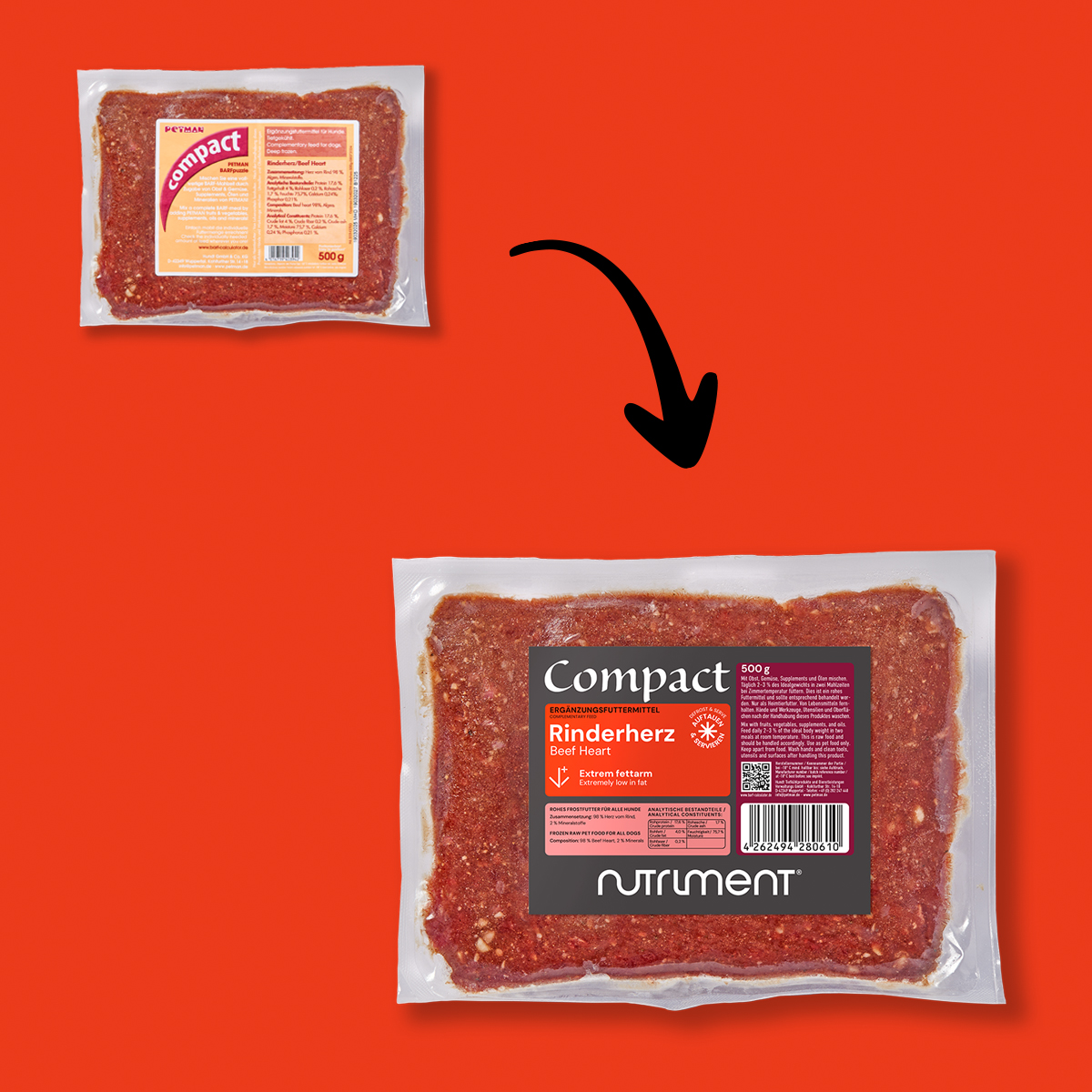 Nutriment Compact RINDERHERZ Vorher-nachher Bild von verpacktem Rinderherz-Hundefutter mit neuem und altem Etikett auf rotem Hintergrund