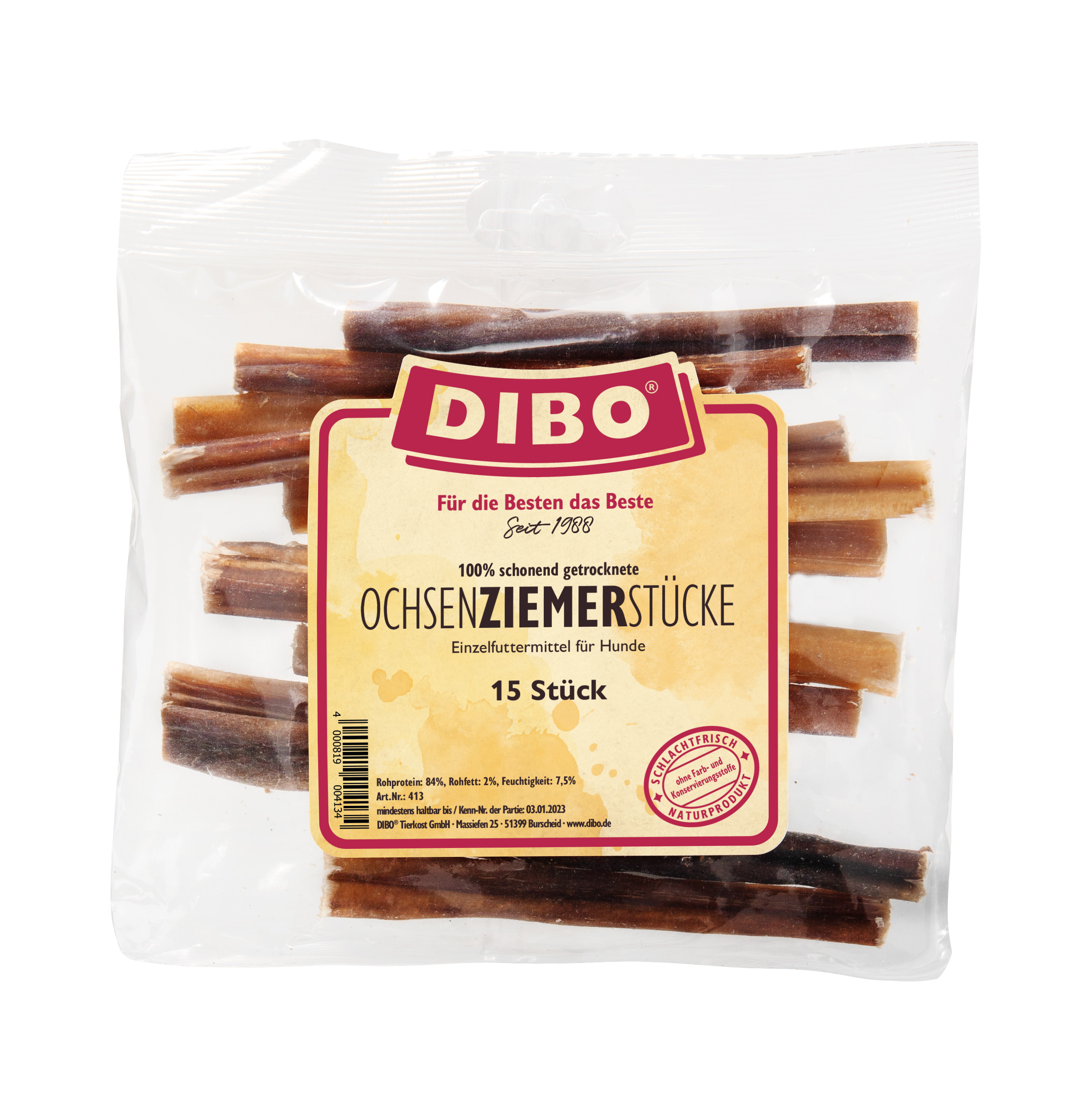Dibo Ochsenziemer 12cm Stücke - 15 Stück-Beutel