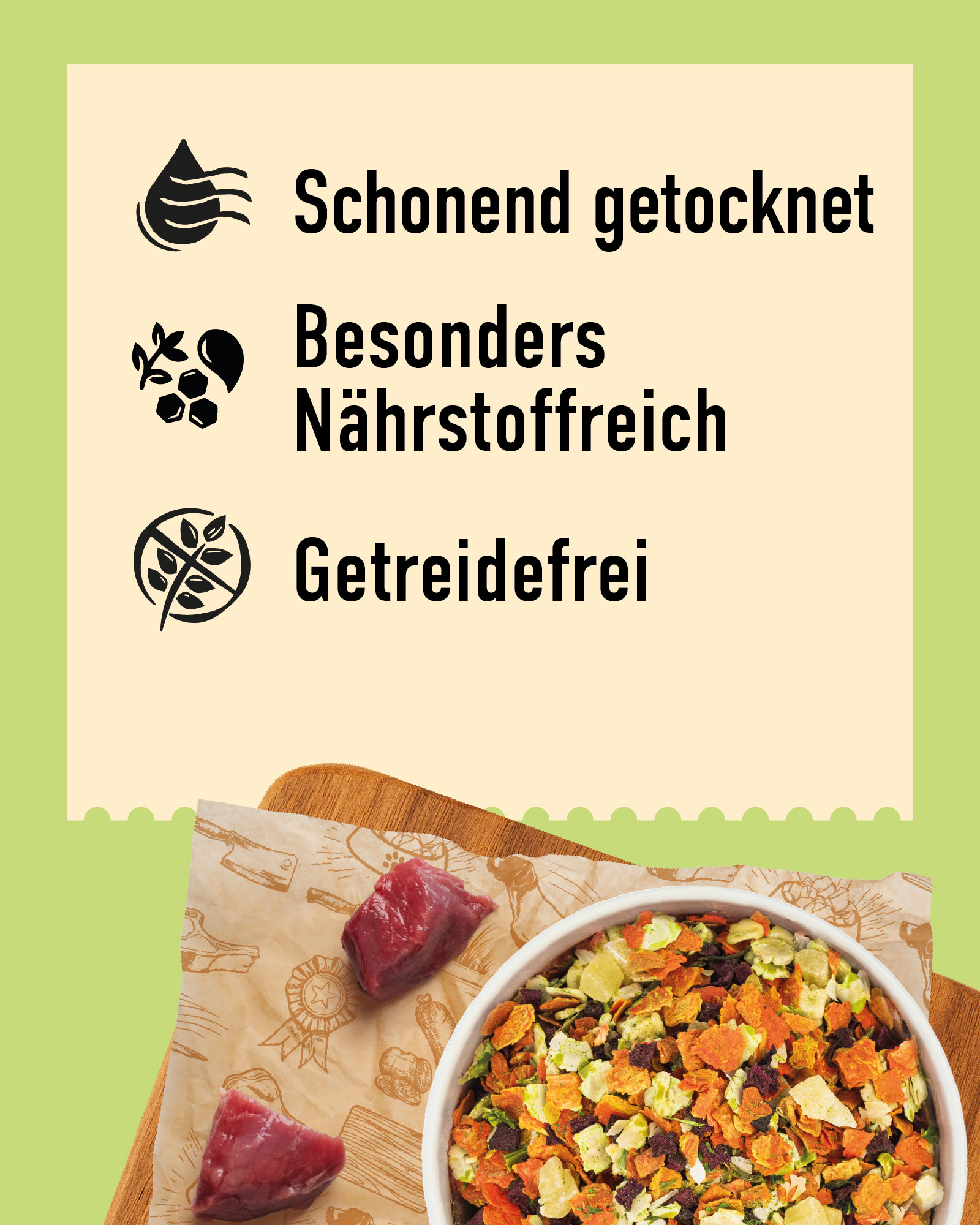 DIBO Gemüse-Frucht-Mix, 1kg-Beutel Text mit Eigenschaften Schonend getrocknet, nährstoffreich, getreidefrei und Schale mit Trockenfutter auf grünem Hintergrund