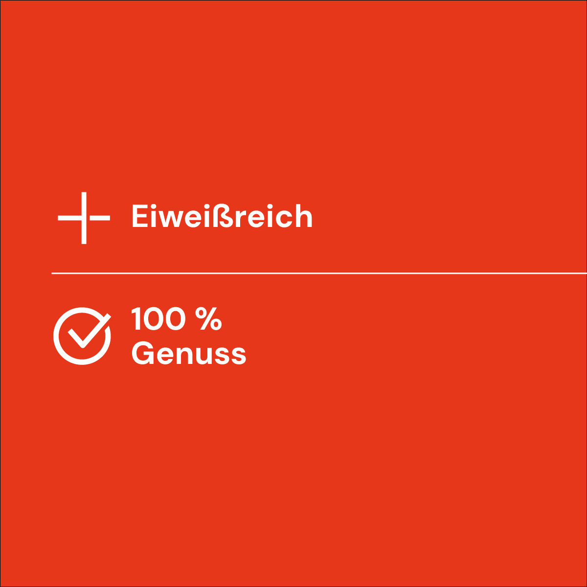 Nutriment Compact SCHLUND Rotes Quadrat mit den Worten Eiweißreich und 100 % Genuss sowie Symbolen für Plus und Häkchen.