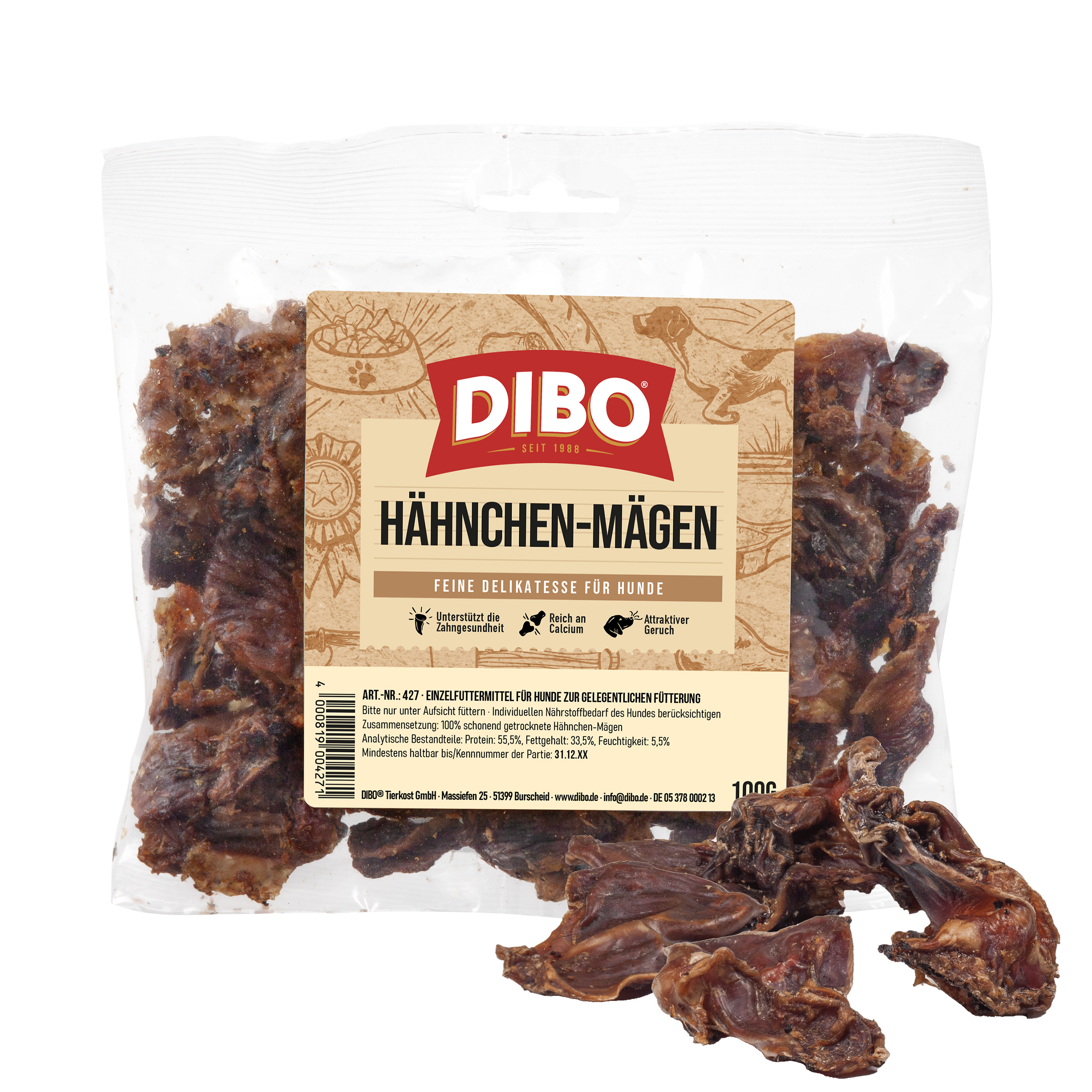 DIBO Hähnchen-Mägen, 100g-Beutel DIBO Hähnchen-Mägen Hundesnack in transparenter Verpackung mit braunem Etikett und getrockneten Hähnchenmägen