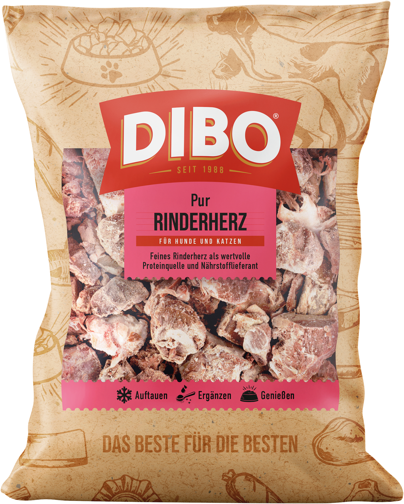 DIBO Rinderherz - B.A.R.F.-Frostfutter für Hunde & Katzen DIBO PUR Produkt mit Rinderherzen