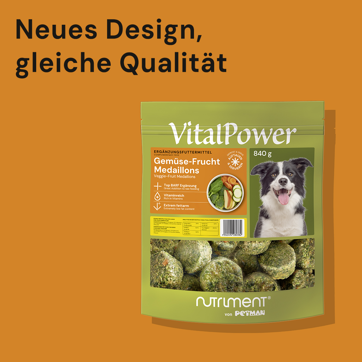 Nutriment Gemüse-Frucht MEDAILLONS ca. 25 g Produktverpackung VitalPower Gemüse-Frucht Medaillons für Hunde mit neuem Design auf orangefarbenem Hintergrund
