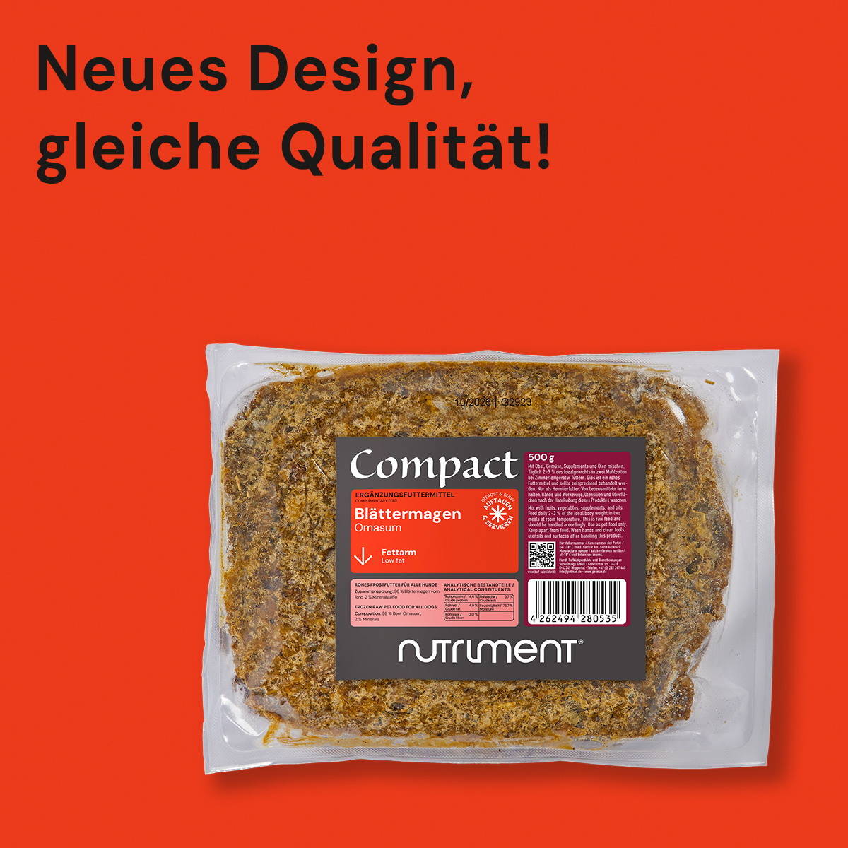 Nutriment Compact BLÄTTERMAGEN Verpackung von Nutriment Compact Blättermagen 500 g vor rotem Hintergrund mit Text Neues Design, gleiche Qualität