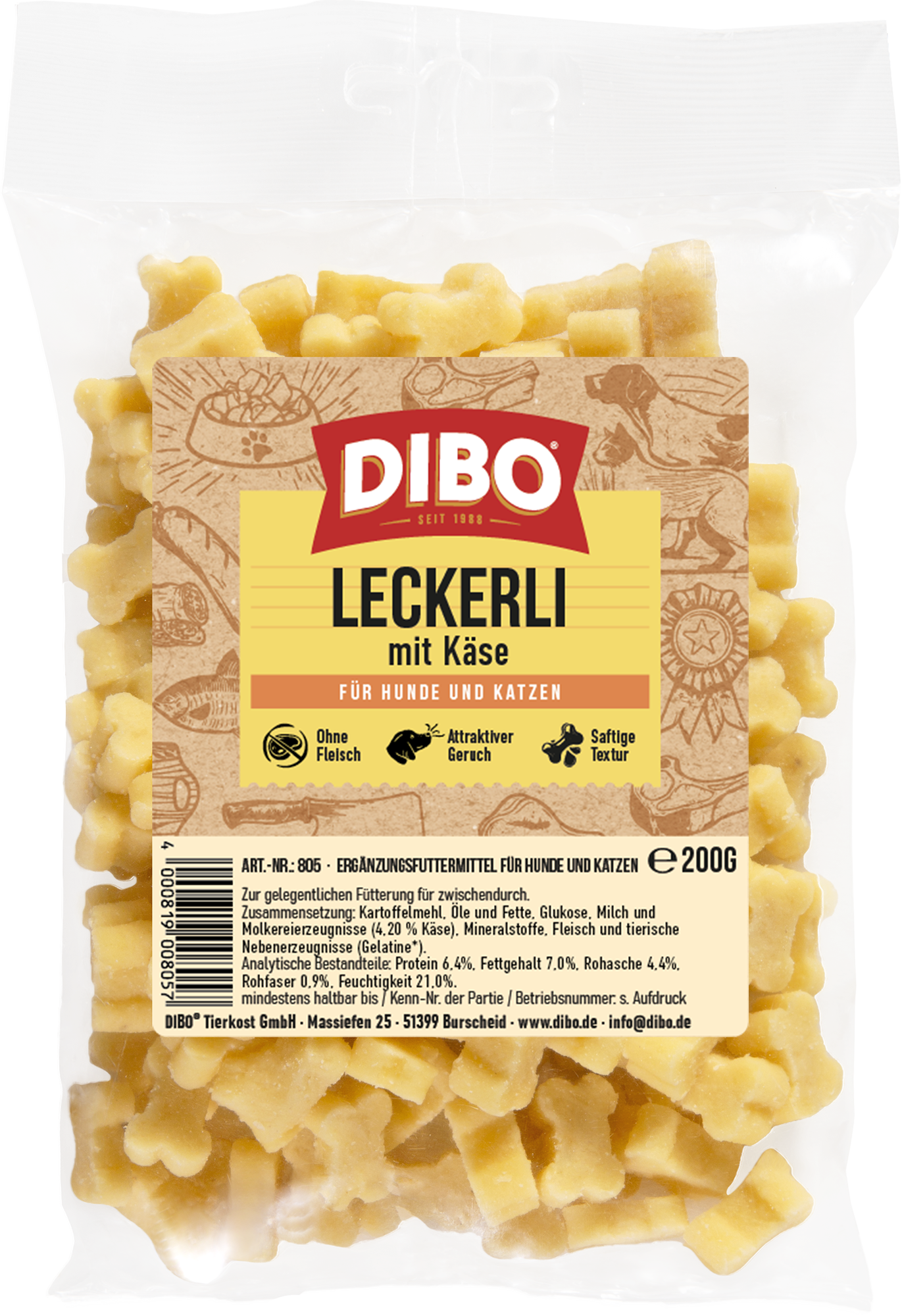 DIBO Leckerli mit Käse 200g Beutel DIBO Leckerli mit Käse, Ergänzungsfuttermittel für Hunde und Katzen, 200g Packung