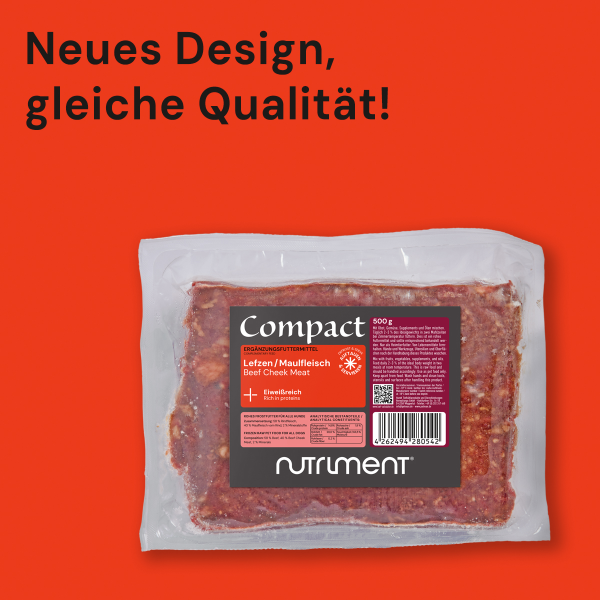 Nutriment Compact LEFZEN / MAULFLEISCH Verpackung von Nutriment Compact Maulfleisch mit neuem Design auf rotem Hintergrund