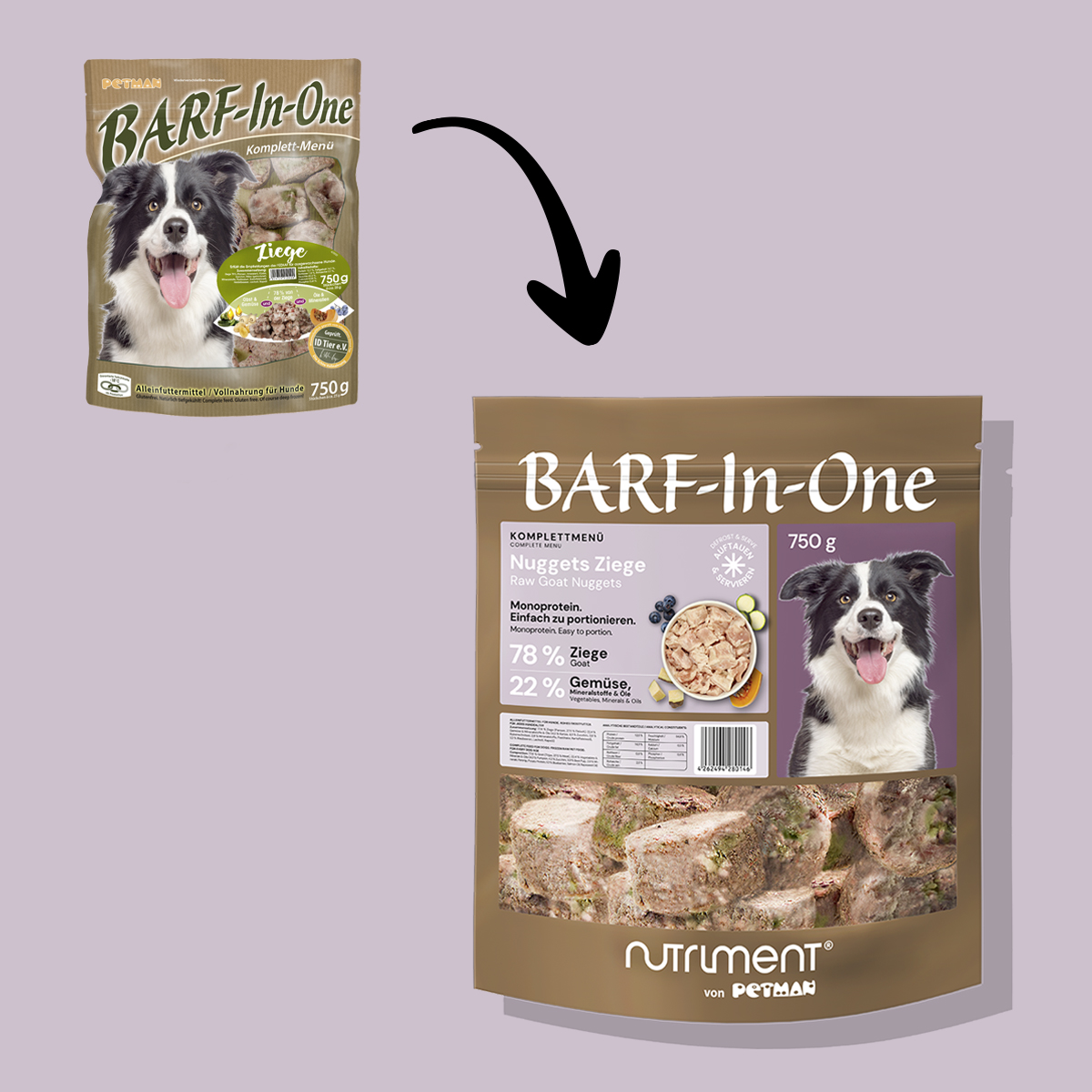 Nutriment BARF In One WEIGHT CONTROL Vergleich alte und neue Verpackung von BARF-In-One Ziegen-Nuggets Hundefutter mit Hundebild und Produktinformationen