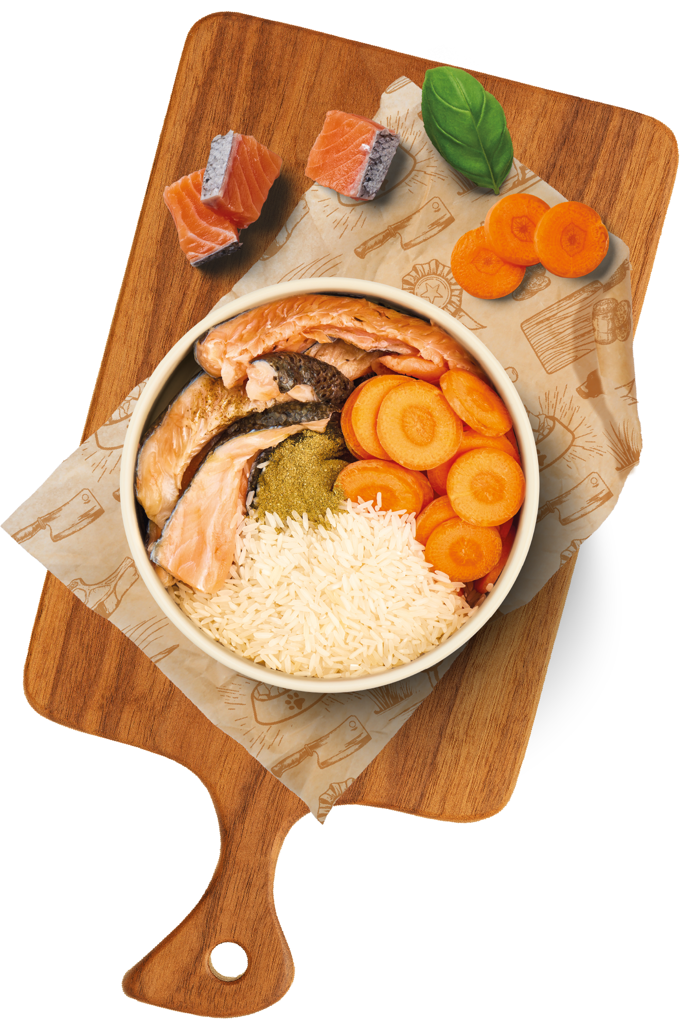 DIBO - LACHS MENÜ, 400g-Dose Schüssel mit Lachsfilets, Karottenscheiben, Reis und Gewürz auf Holzbrett mit Lachs-Stücken und Basilikumblatt