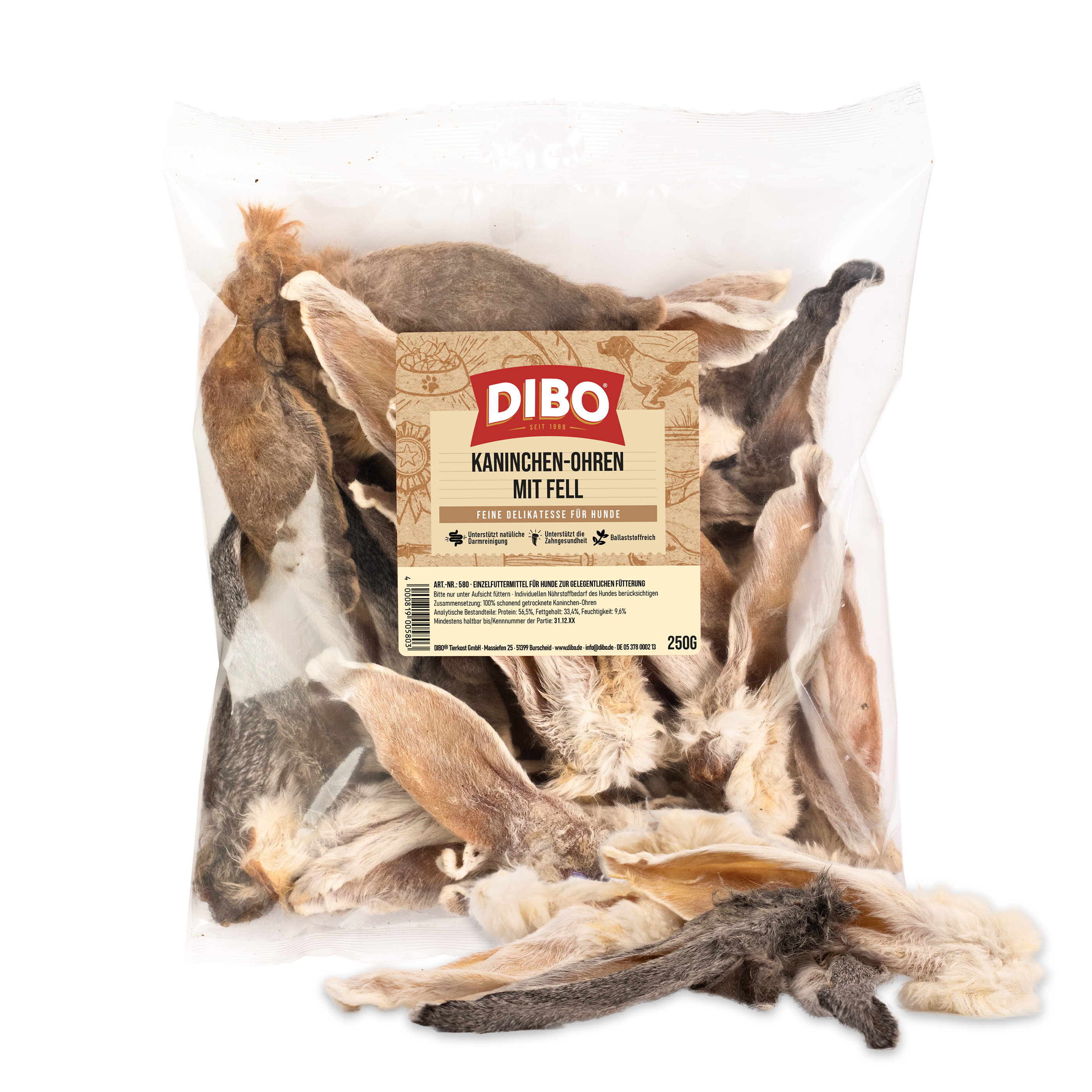 DIBO Kaninchen-Ohren mit Fell, 250g