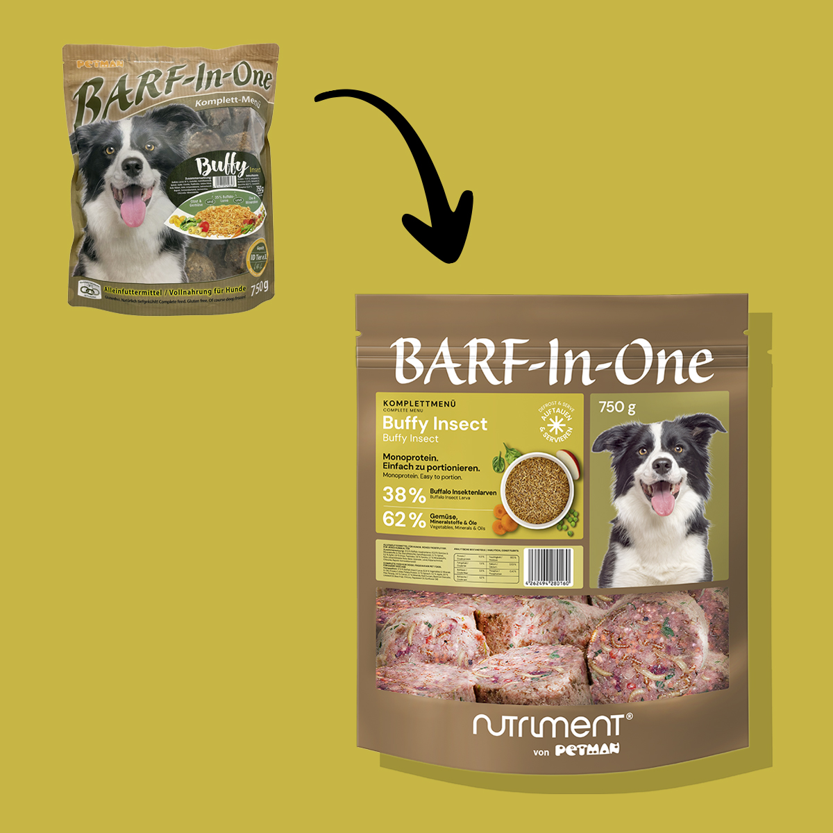 Nutriment BARF In One BUFFY Insect Vergleich altes und neues Verpackungsdesign von BARF-In-One Buffy Insect Hundefutter mit Hundebild und Produktdetails