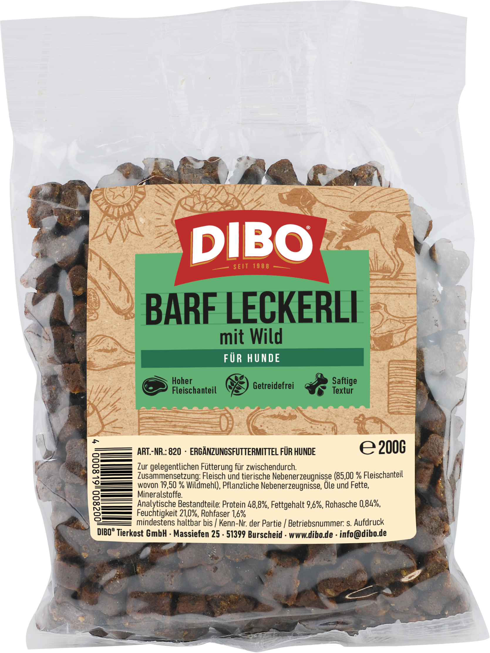 DIBO BARF-Leckerli Wild, 200g-Beutel DIBO Barf Leckerli mit Wild, getreidefreie Hundeleckerlis mit hohem Fleischanteil, 200g Beutel