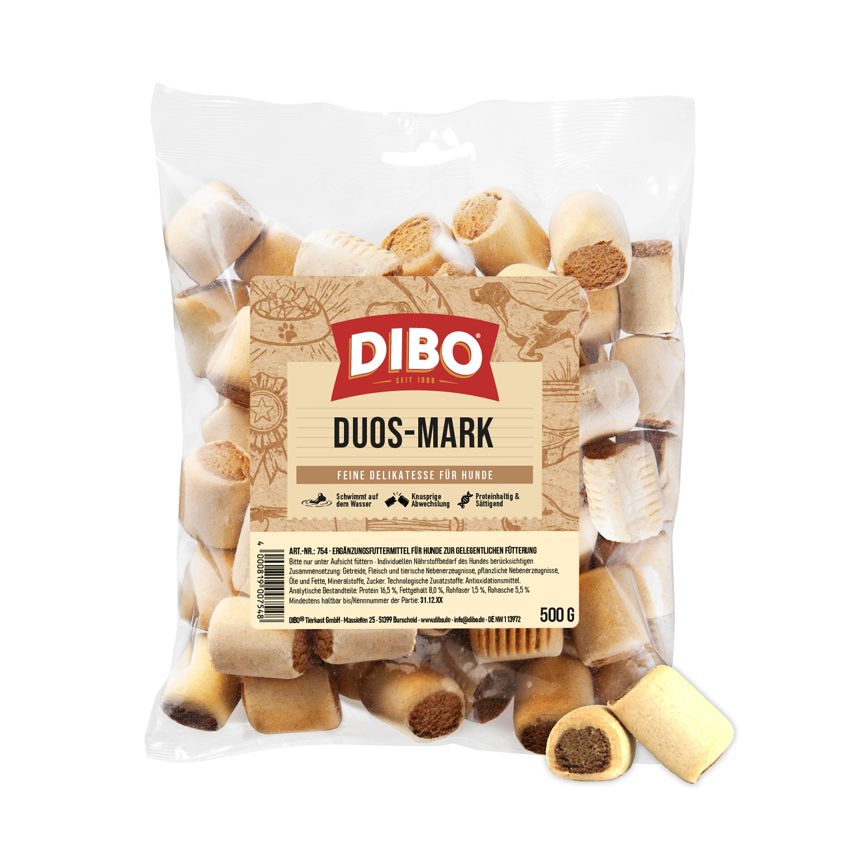 DIBO Duos-Mark, 10kg-Karton Packung DIBO Duos-Mark Hundesnacks, 500 g, mit knusprigen, zweifarbigen Leckerlis in transparenter Tüte