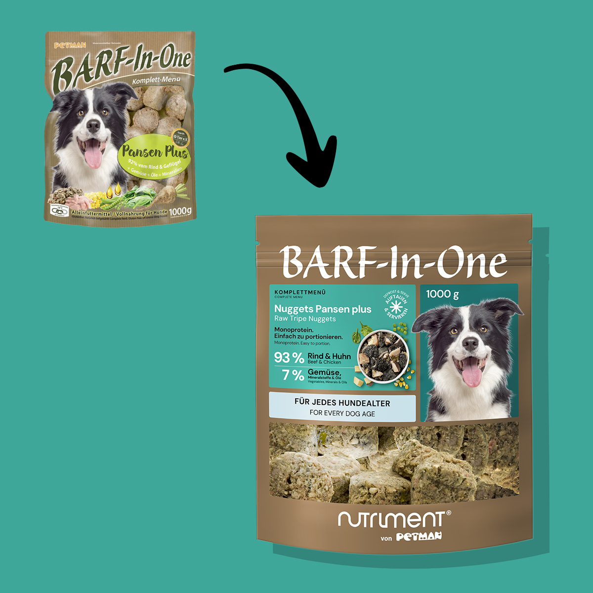 Nutriment BARF In One Pansen Plus Vorher-nachher Vergleich der Verpackung von BARF-In-One Pansen Plus Hundefutter 1000g von Petman