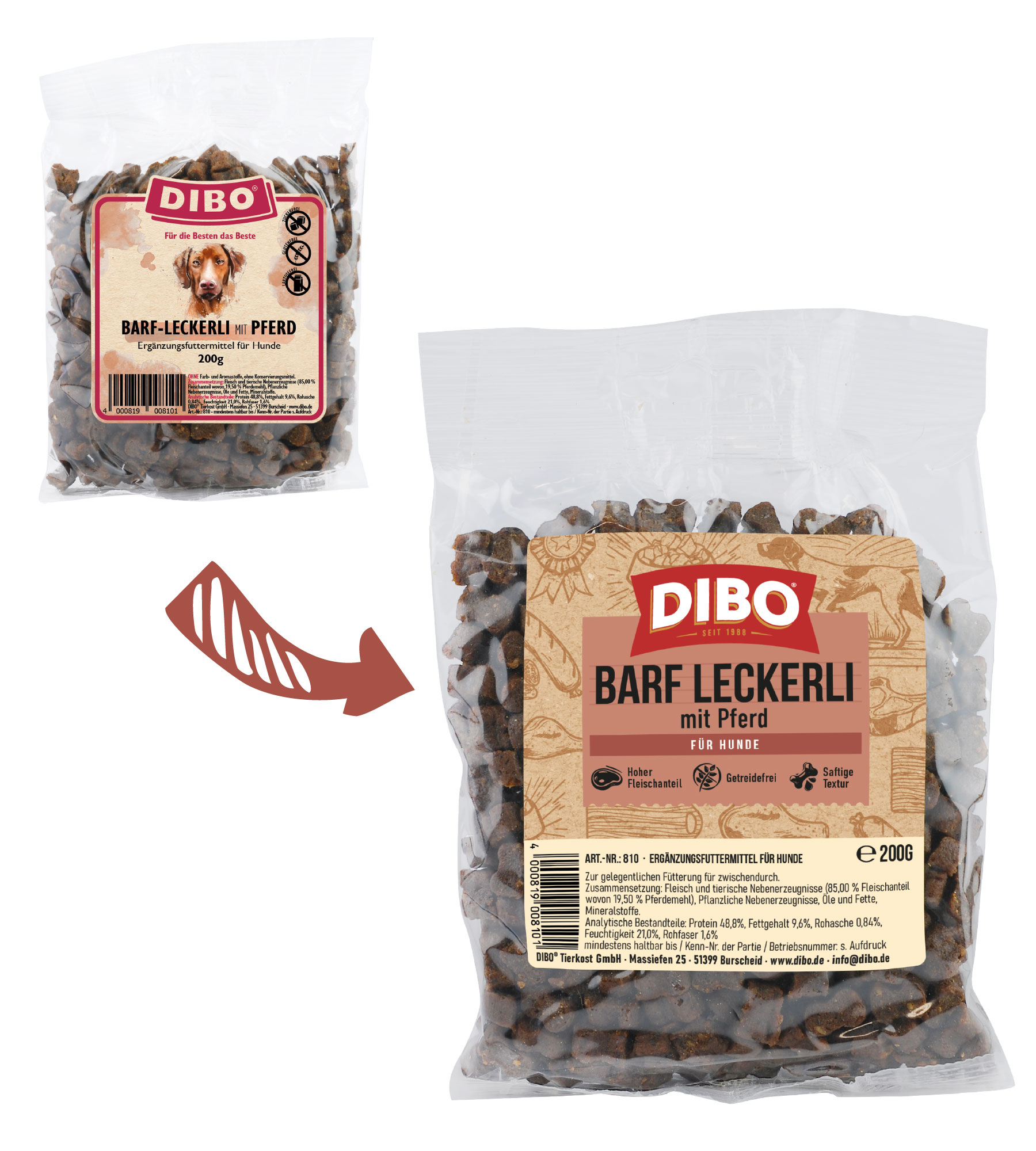 DIBO BARF-Leckerli Pferd, 200g-Beutel DIBO Barf-Leckerli mit Pferd, Ergänzungsfuttermittel für Hunde, 200g Packung mit braunen Hundeleckerlis