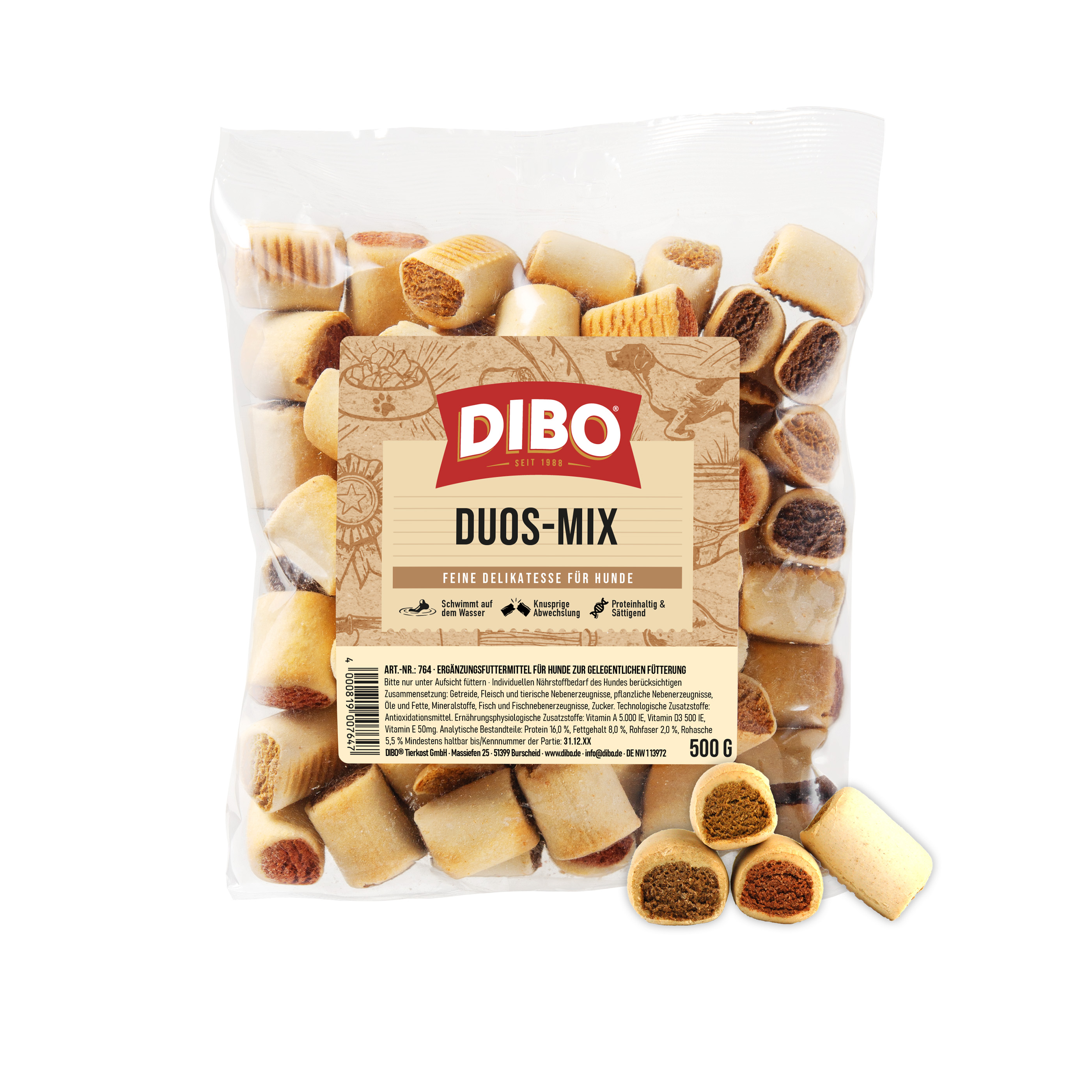 DIBO Duos-Mix, 500g-Beutel DIBO Duos-Mix Hundesnack in transparenter Verpackung mit braunem Etikett und zwei Sorten Snacks