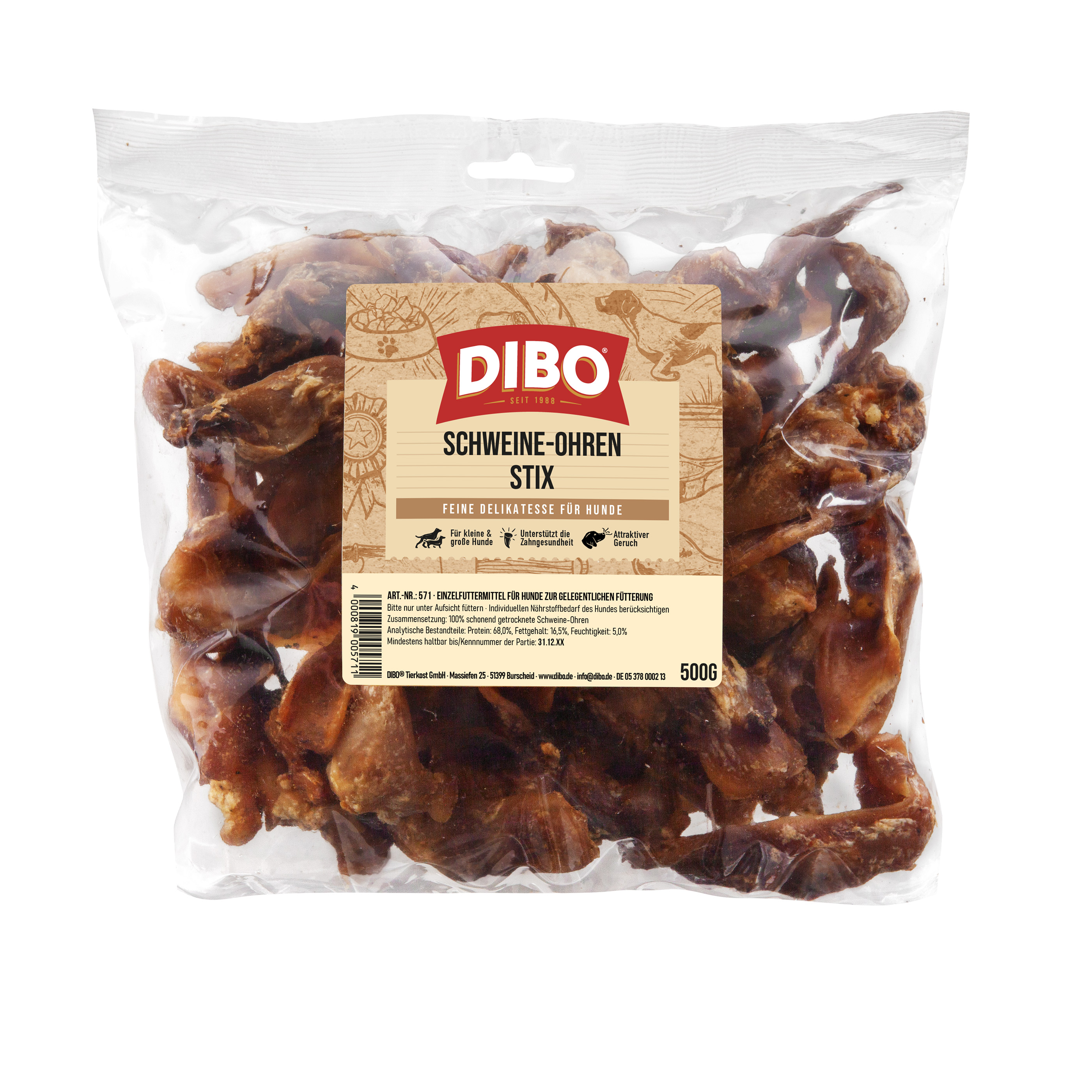 DIBO Schweine-Ohren-Stix, 500g-Beutel
