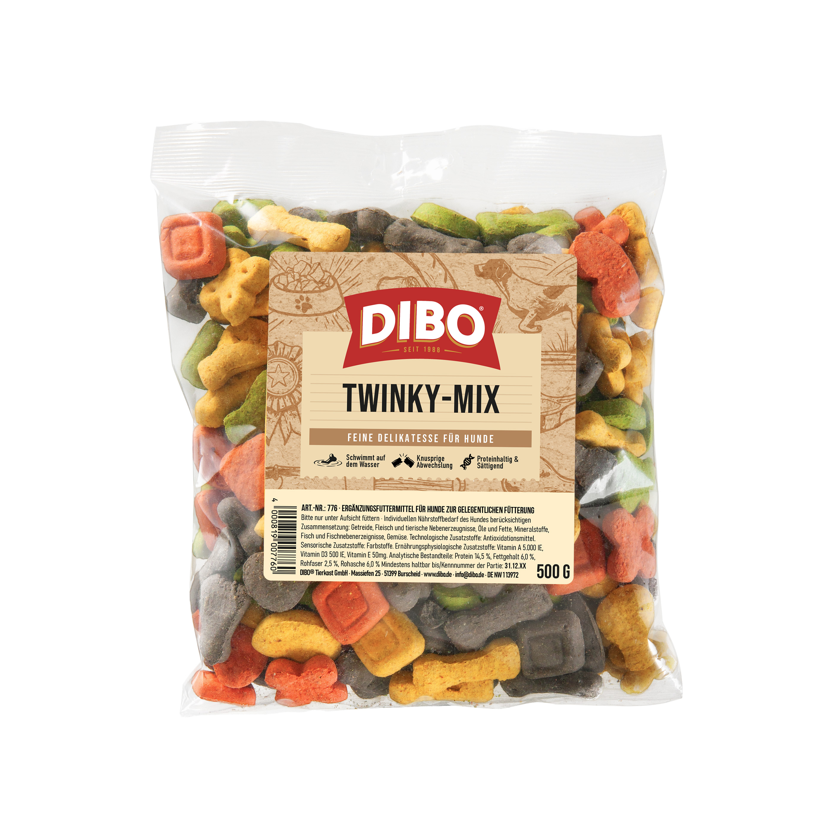 DIBO Twinky-Mix, 10kg-Karton DIBO Twinky-Mix bunte Hundesnacks in Knochenform in einer transparenten Verpackung