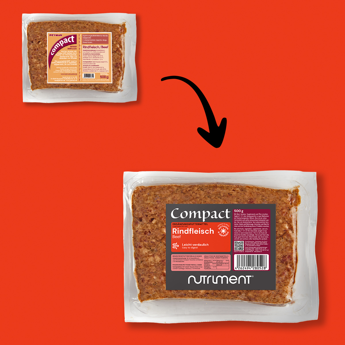 Nutriment Compact RINDFLEISCH Vorher-nachher-Bild von verpacktem Rindfleisch-Produkt mit neuem und altem Etikett auf rotem Hintergrund.