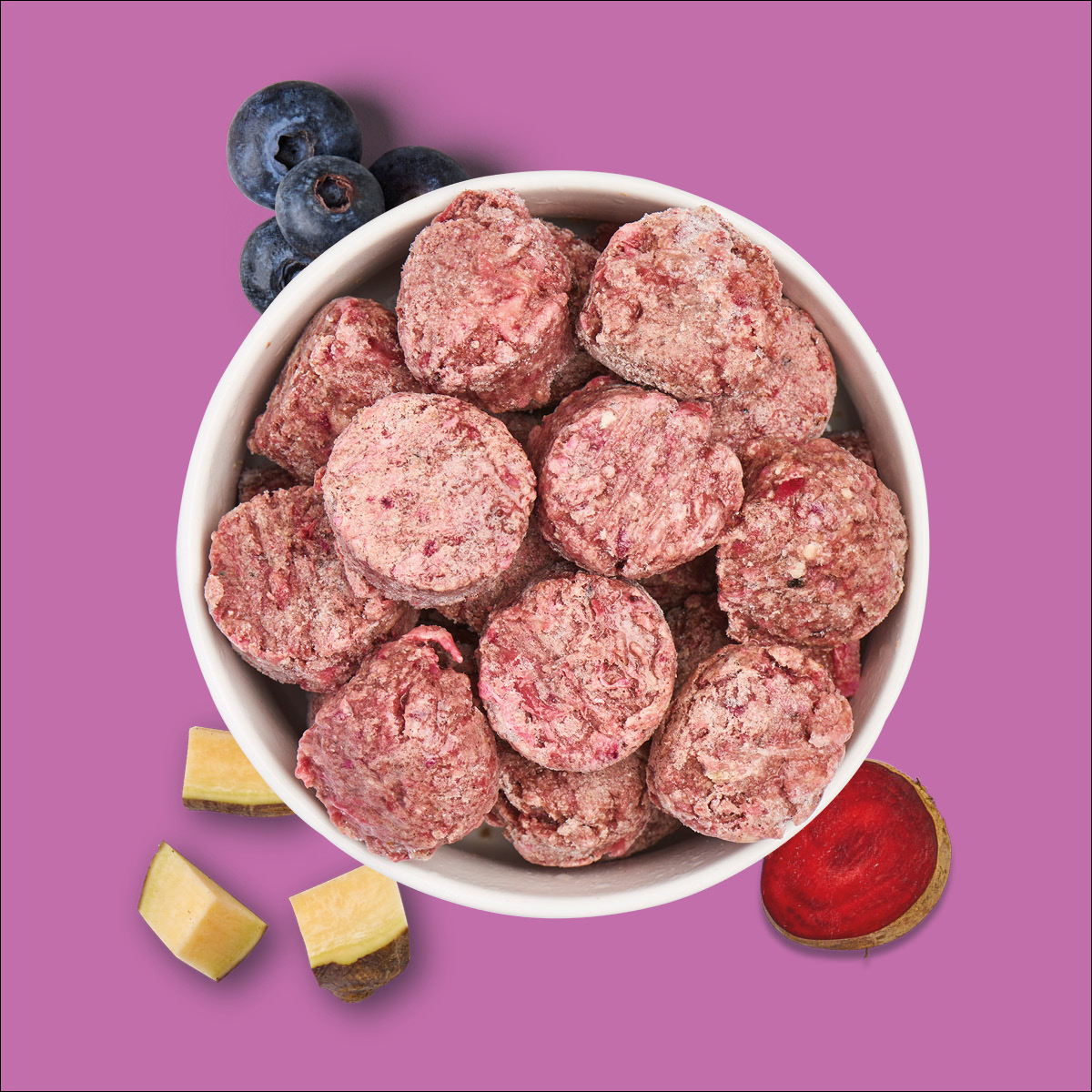 Nutriment BARF In One SENIOR Weiße Schüssel mit gefrorenen, runden roten Fleischstücken, Heidelbeeren, Rote Bete und Ingwer auf lila Hintergrund