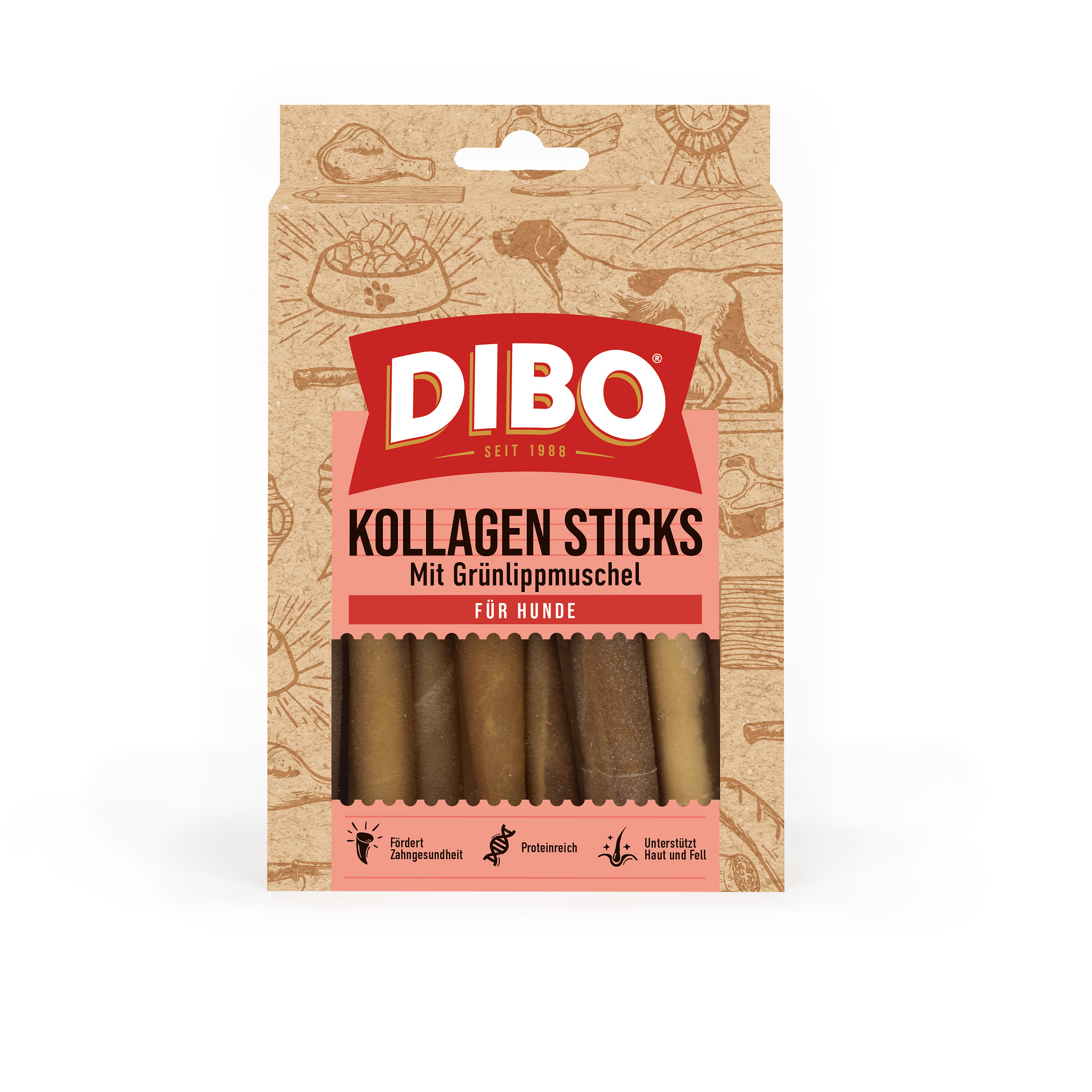 DIBO Kollagen Sticks, 150g Dibo Kollagen Sticks mit Grünlippmuschel, Hundesnack, Verpackung mit Hund und Futterillustrationen