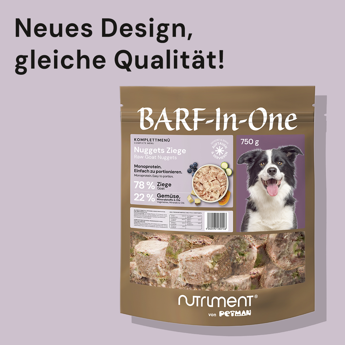 Nutriment BARF In One ZIEGE Nutriment BARF-In-One Nuggets Ziege 750g Hundefutter im neuen braunen Design mit Hundebild und Produktinformationen