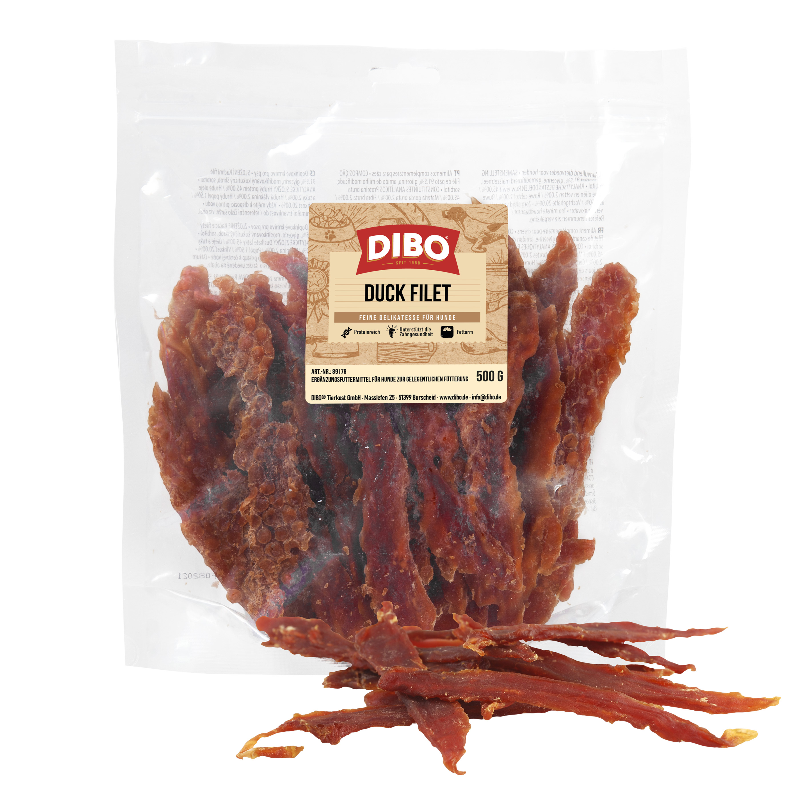 DIBO Duck Filet, 500g-Beutel Verpackung von Dibo Duck Filet, feine Delikatesse für Hunde, 500 g, mit getrockneten Entenfilets