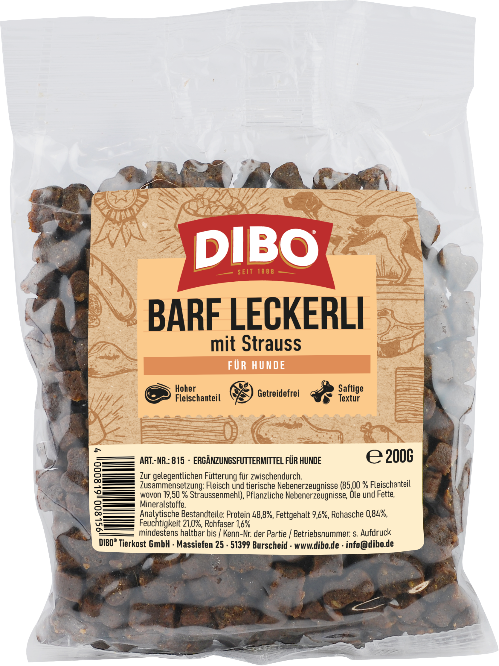 DIBO BARF-Leckerli Strauß, 200g-Beutel DIBO Barf Leckerli mit Strauss Hundesnack, 200g Beutel, hoher Fleischanteil, getreidefrei, saftige Textur