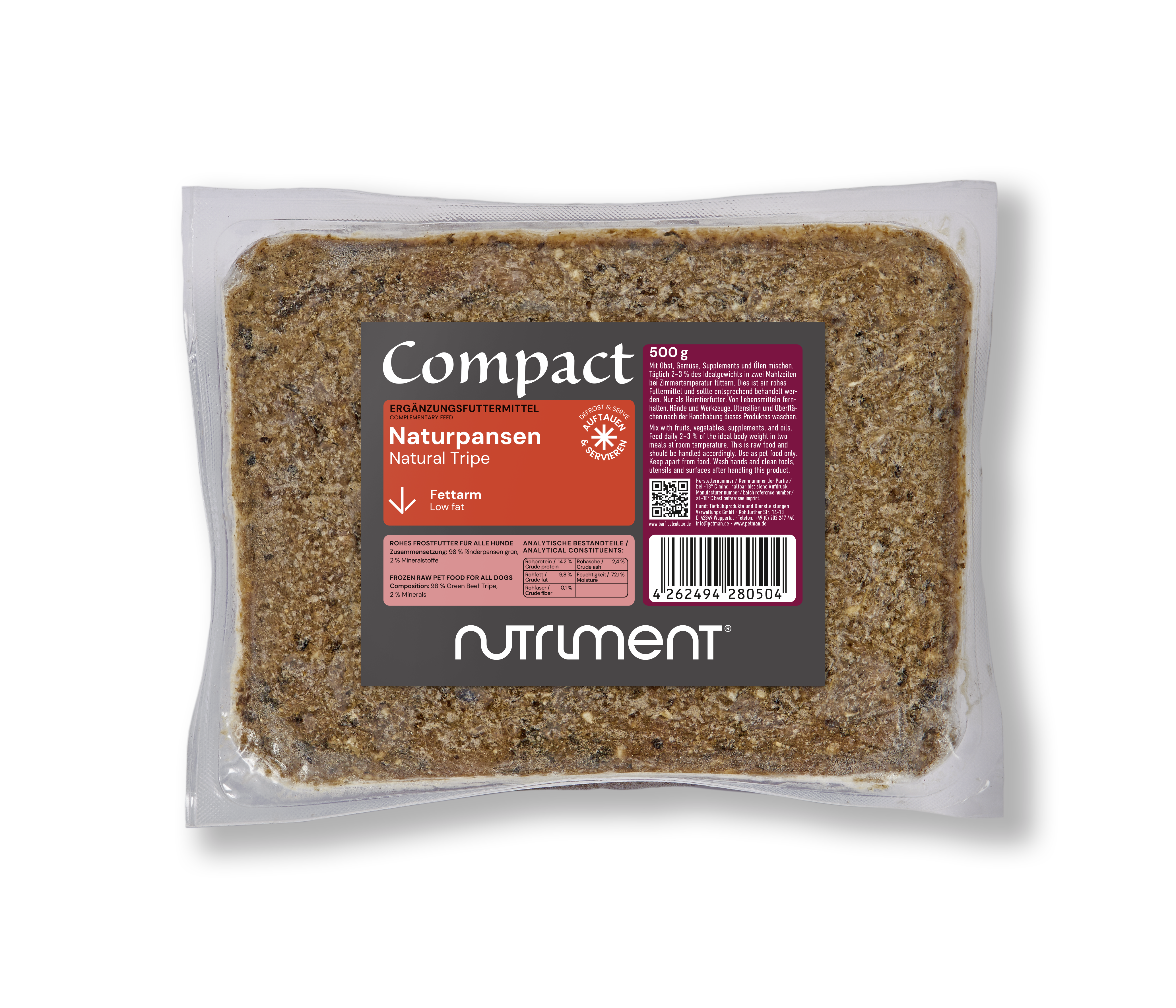 Nutriment Compact NATURPANSEN Verpackung von PETMAN Compact Naturpansen, Ergänzungsfuttermittel für Hunde, 500 g, fettarm