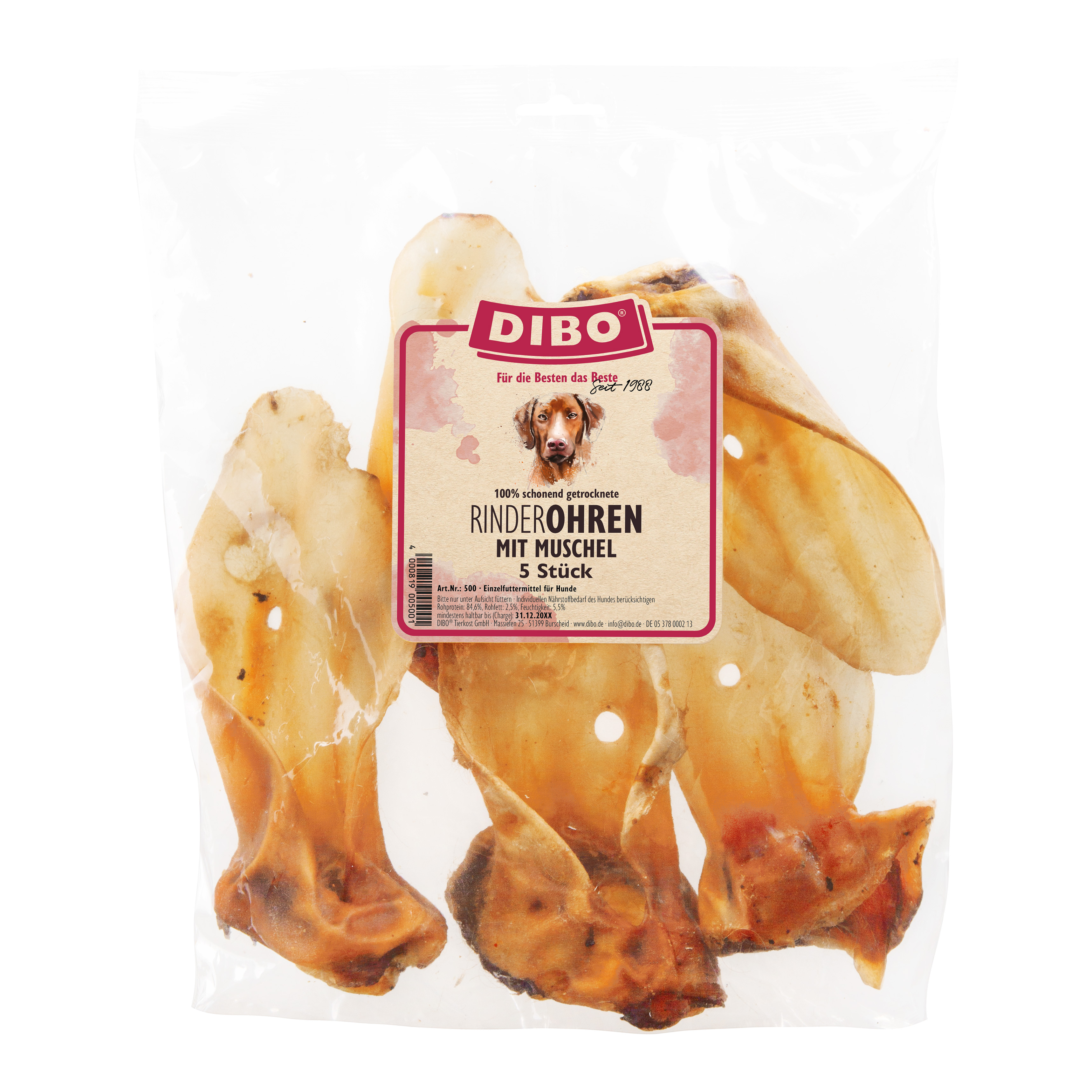 DIBO Rinder-Ohren mit Muschel, 5er-Beutel