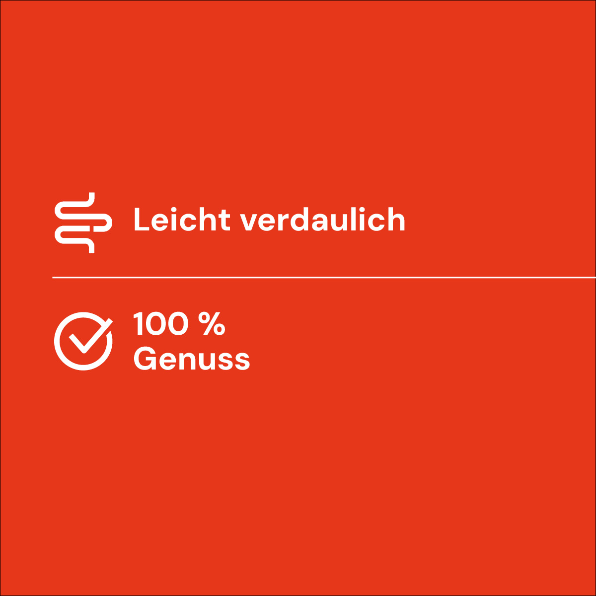Nutriment Compact RINDFLEISCH Rotes Quadrat mit den Texten "Leicht verdaulich" und "100 % Genuss" sowie passenden Symbolen