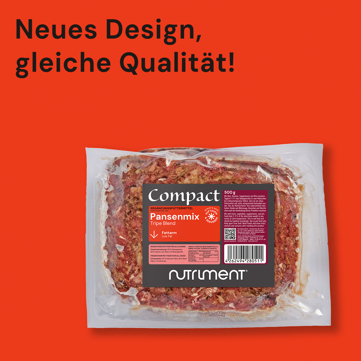 Nutriment Compact PANSENMIX Verpackung von Nutriment Compact Pansenmix mit neuem Design auf rotem Hintergrund und Text "Neues Design, gleiche Qualität!