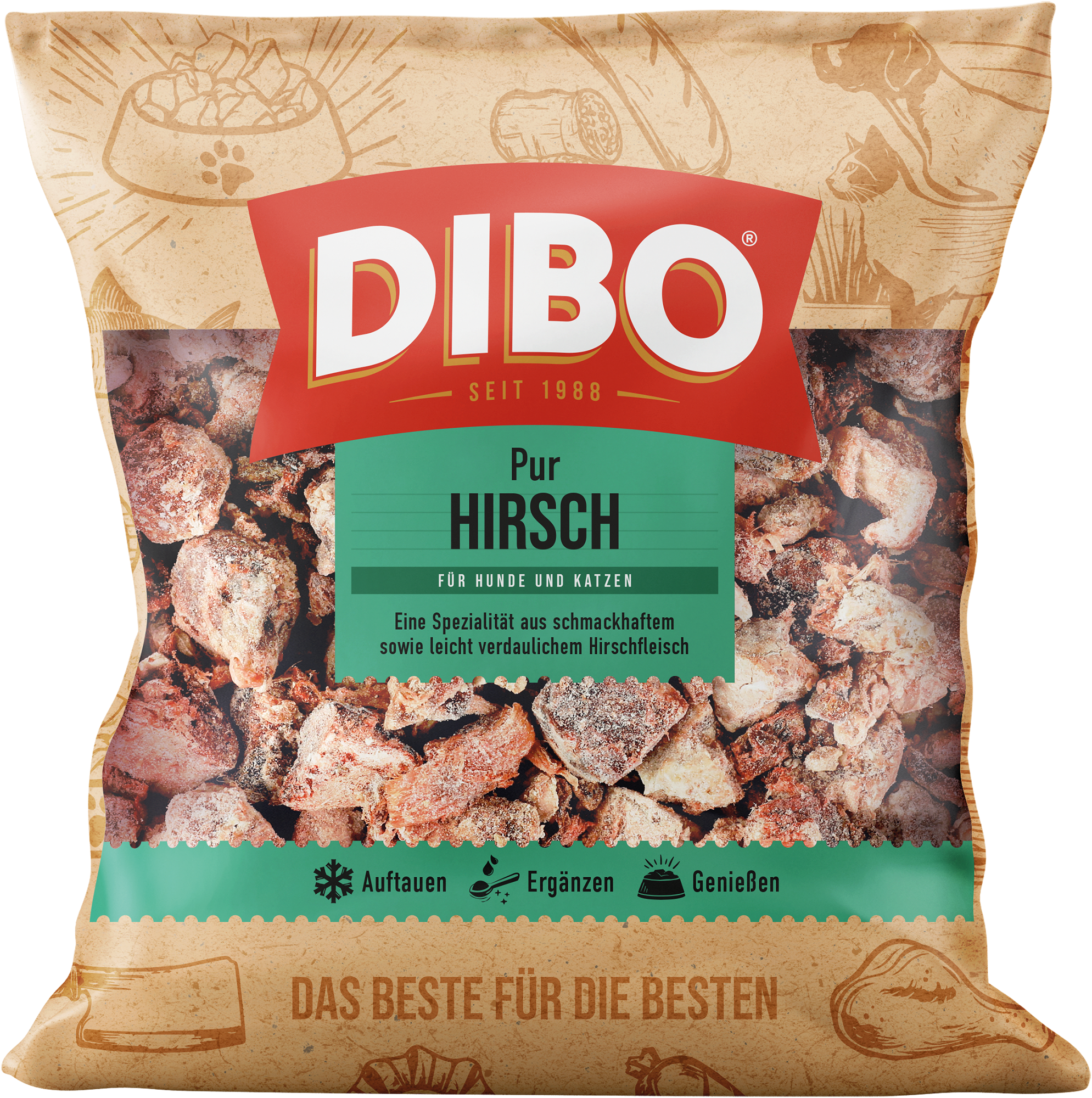 DIBO Hirsch - B.A.R.F.-Frostfutter für Hunde und Katzen Dibo PUR Hirsch verpackung mit Inhalt