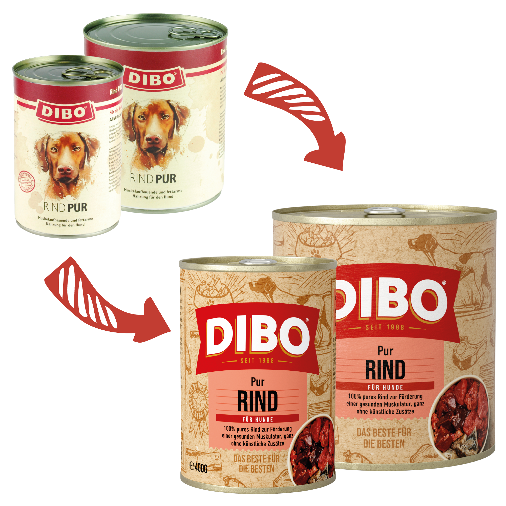 DIBO - RIND PUR - 400g-Dose DIBO Hundefutter Dosen mit Rind Pur, zwei Designs, mit Hundebild und rotem Logo auf beige Hintergrund